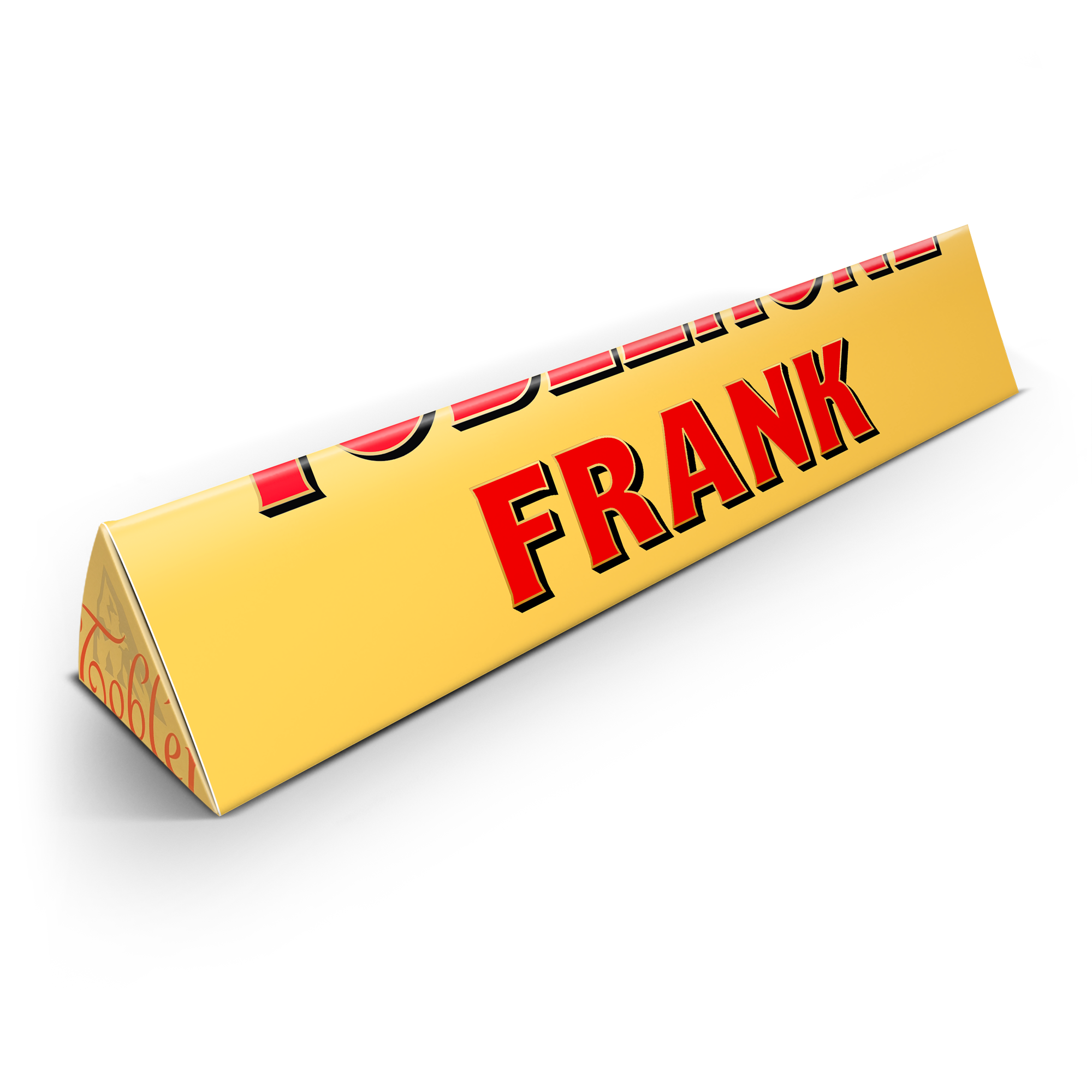 Personalisierte Toblerone Schokolade mit dem Namen "FRANK" auf der Verpackung bedruckt