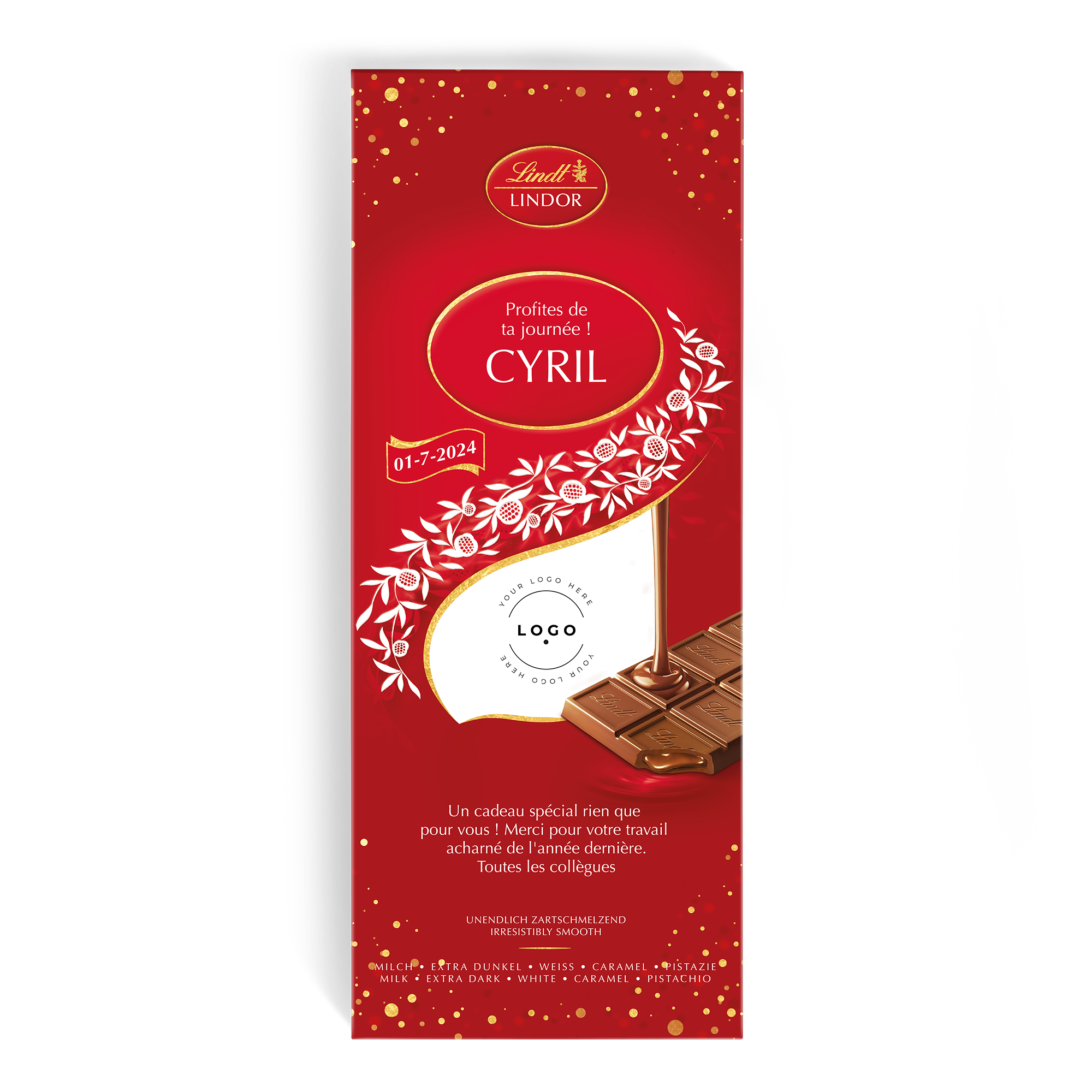 Tablette de chocolat Lindor XL personnalisée avec nom et date imprimés, et un espace pour un logo