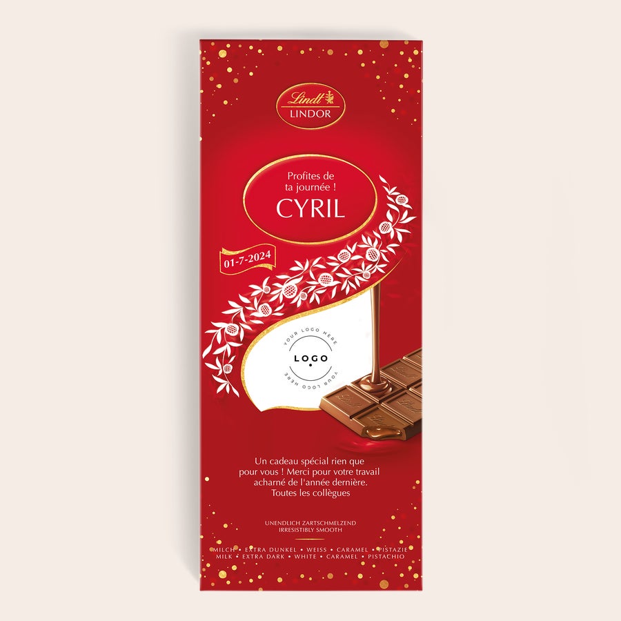 Tablette de chocolat Lindor XL Tablette de chocolat Lindor XL personnalisée avec nom et date imprimés, et un espace pour un logo
