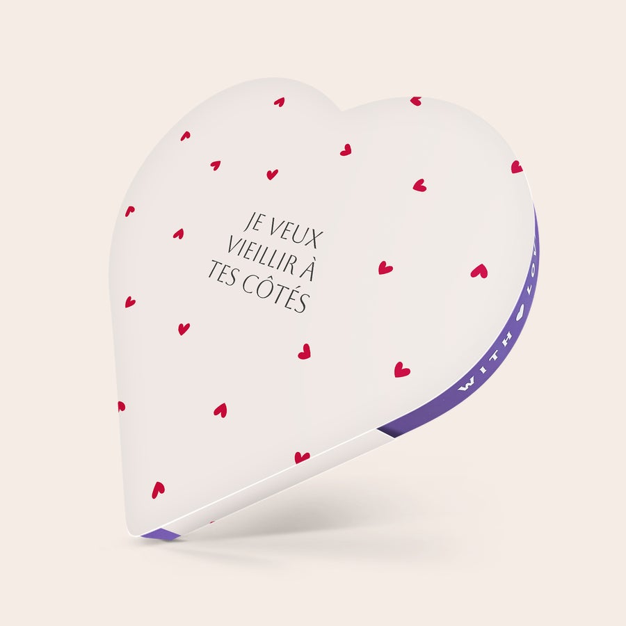 Coeur en chocolat Milka Coffret de chocolats en forme de cœur personnalisé avec texte "JE VEUX VIEILLIR À TES CÔTÉS"