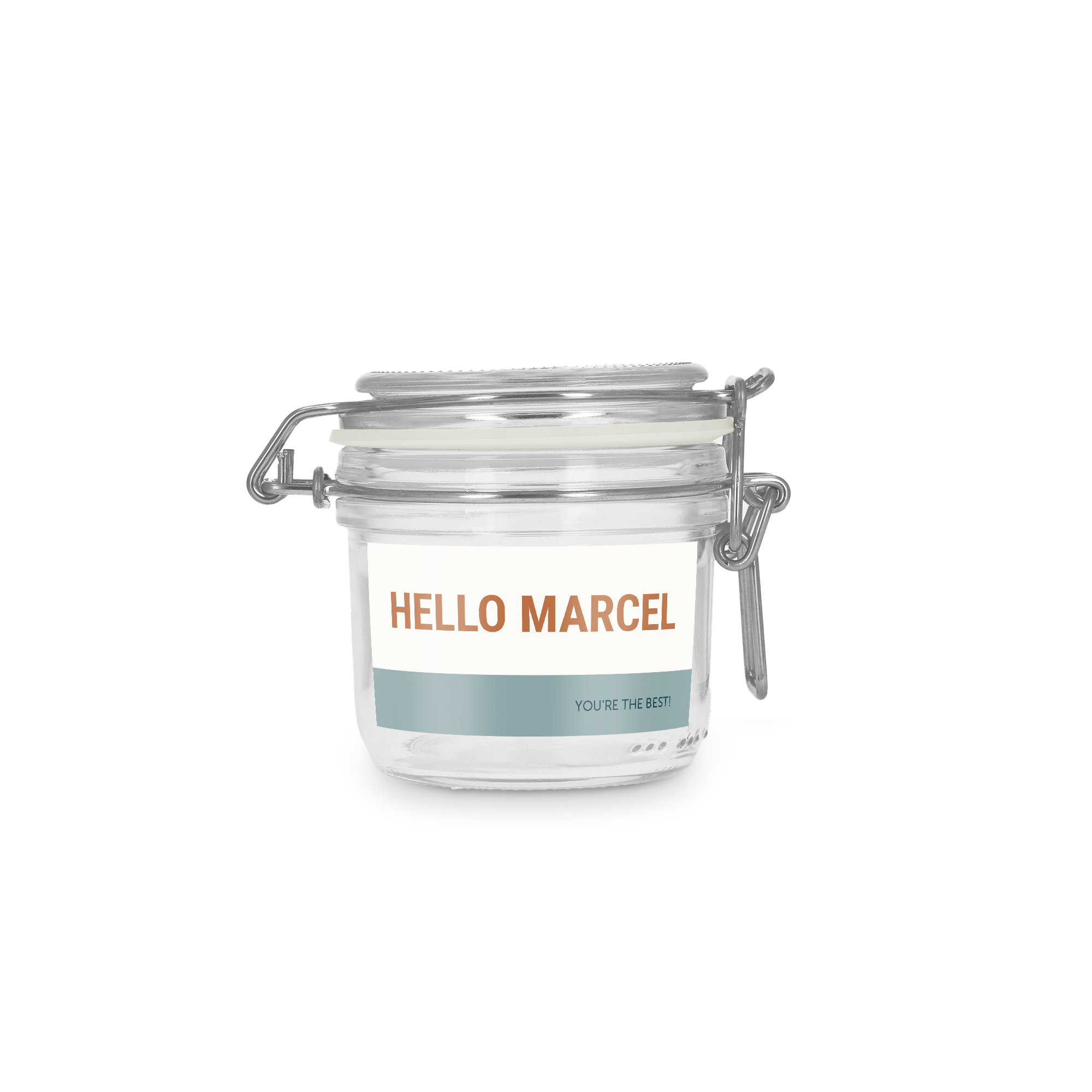 Personalised glass jar with lid, 200 ml, printed with "HELLO MARCEL" and "YOURE THE BEST!" on a custom sticker