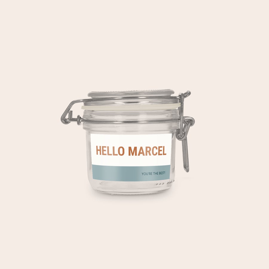 Sklenená nádoba s viečkom - personalizovaná Personalizovaná sklenená dóza s vrchnákom, 200 ml, s potlačou mena Marcel a textu You're the best!