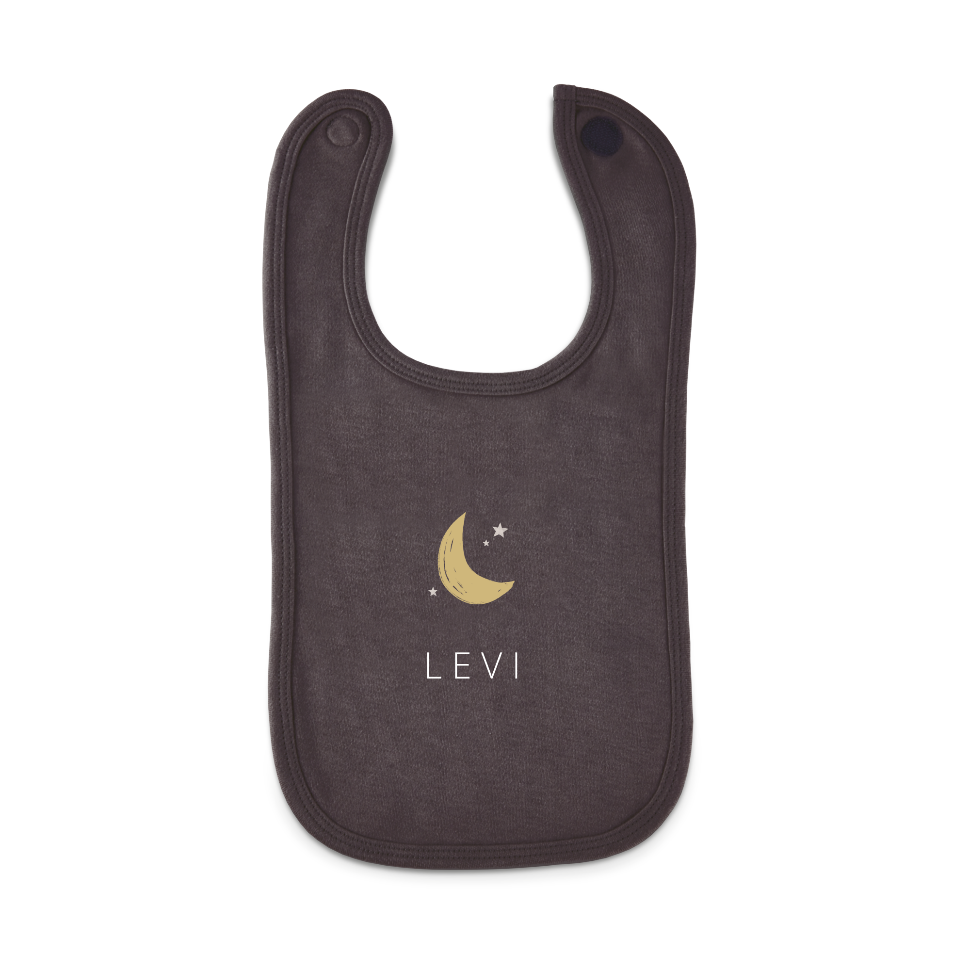 Donkergrijs slabbetje met maan, sterren en naam Levi, persoonlijk bedrukt voor baby's.
