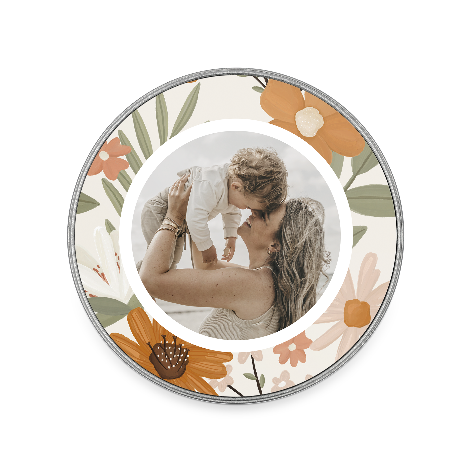 Round memory tin featuring a custom photo of a mother and child, surrounded by a printed floral design.