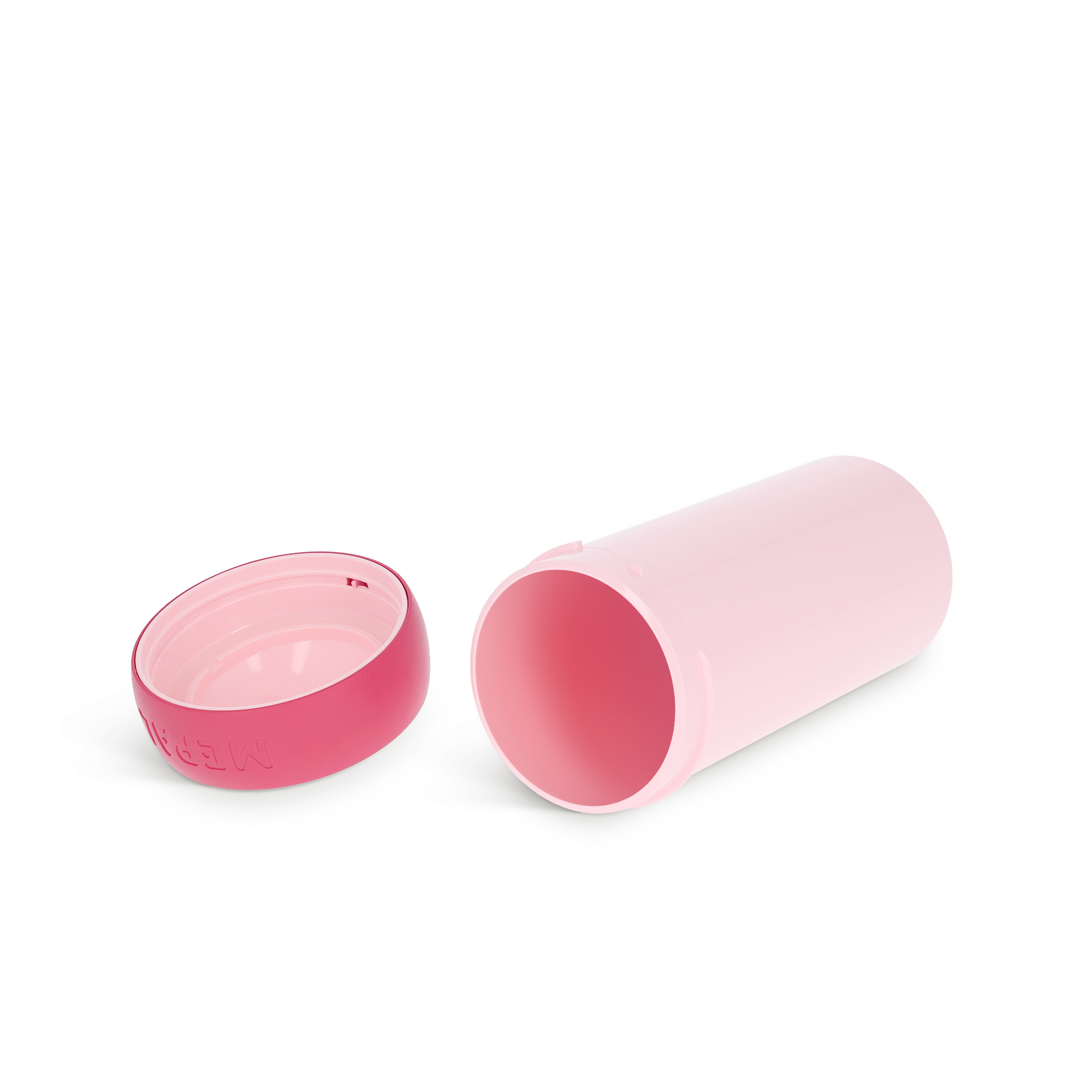 Ein geöffneter pinkfarbener Mepal Verschlussbecher, bereit für einen personalisierten Schulbecher.