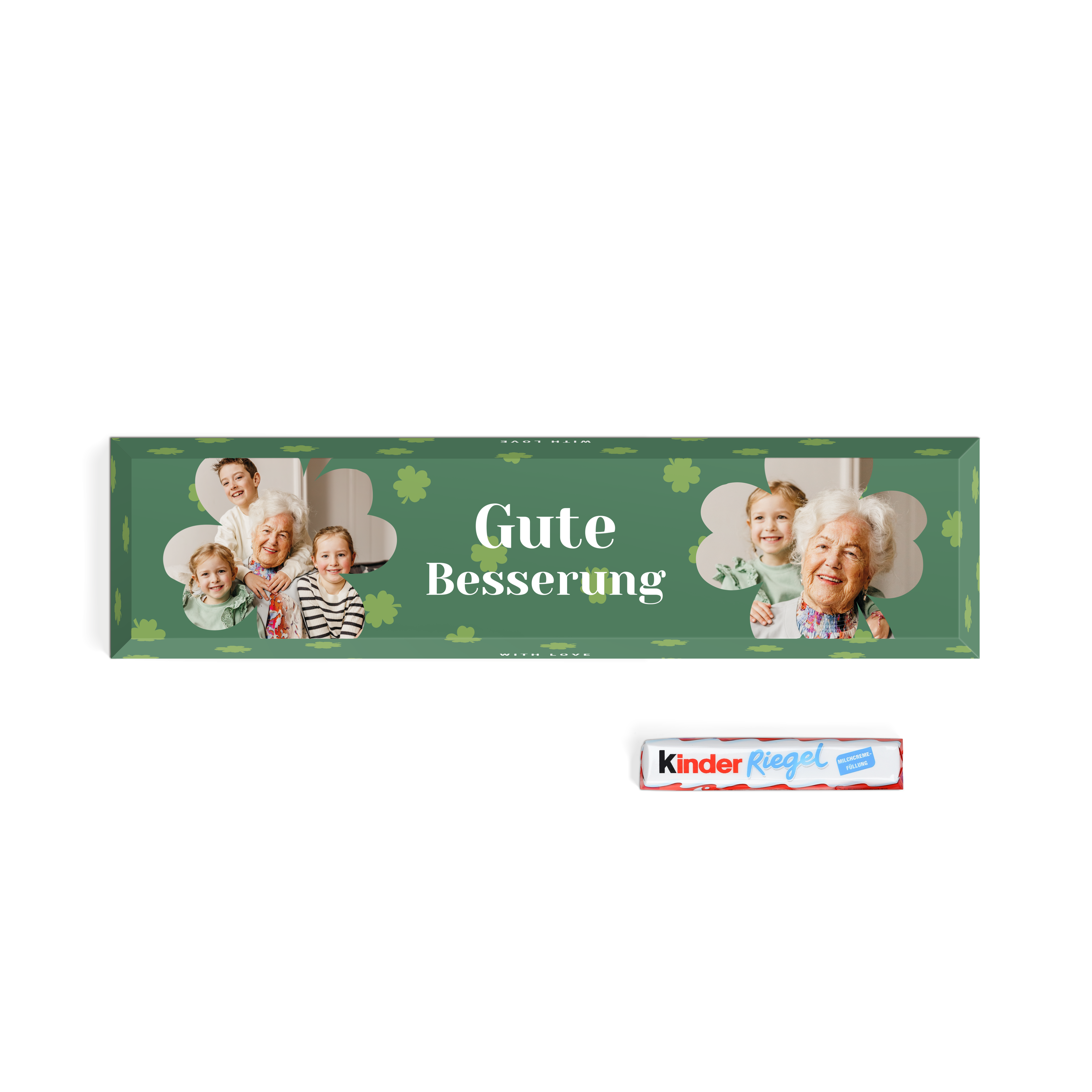 Personalisierter XXL kinder Riegel mit Fotos und „Gute Besserung“-Aufdruck. Perfekt, um XXL kinder Riegel personalisieren zu lassen.