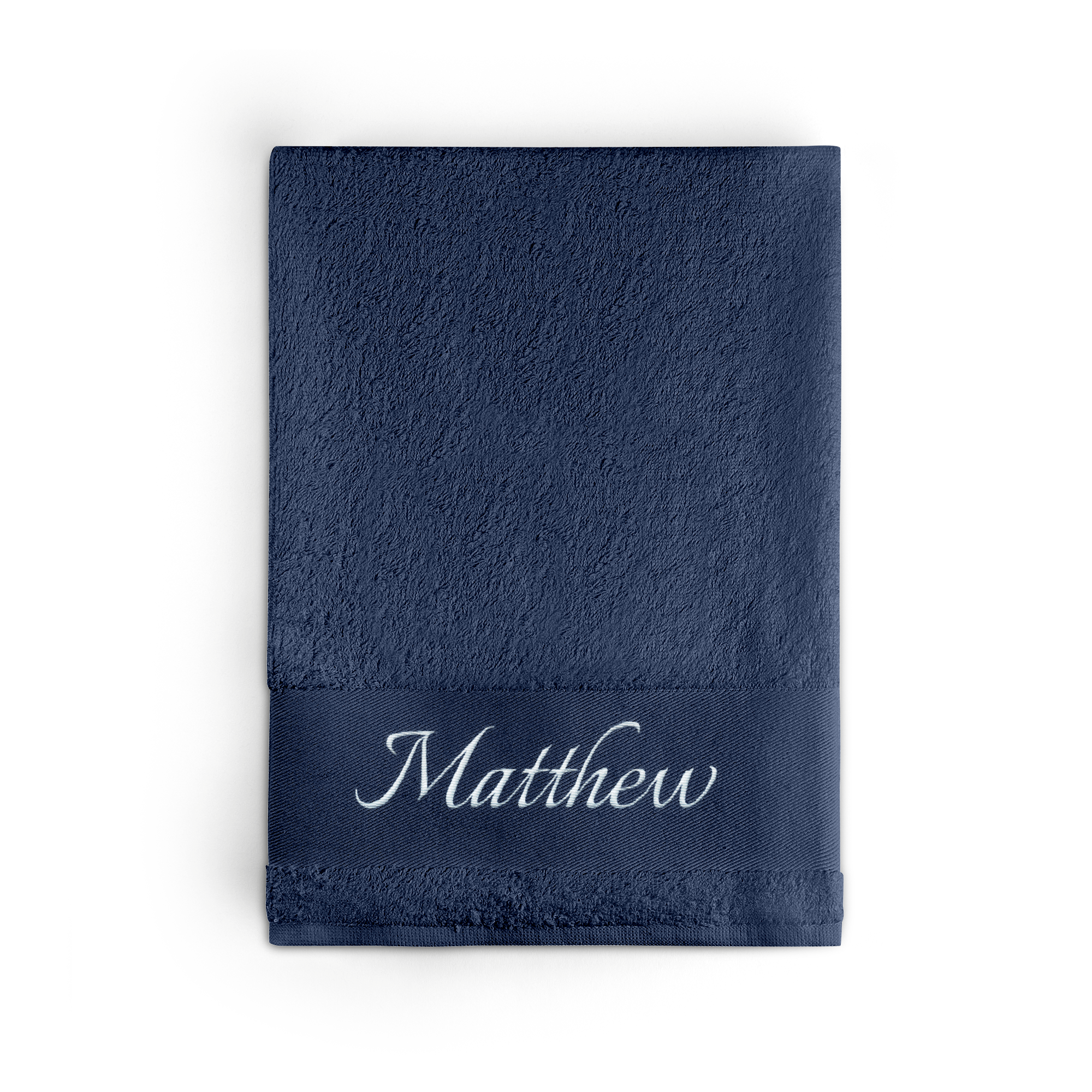 Prosop brodat în albastru marin cu numele Matthew personalizat cu broderie albă.