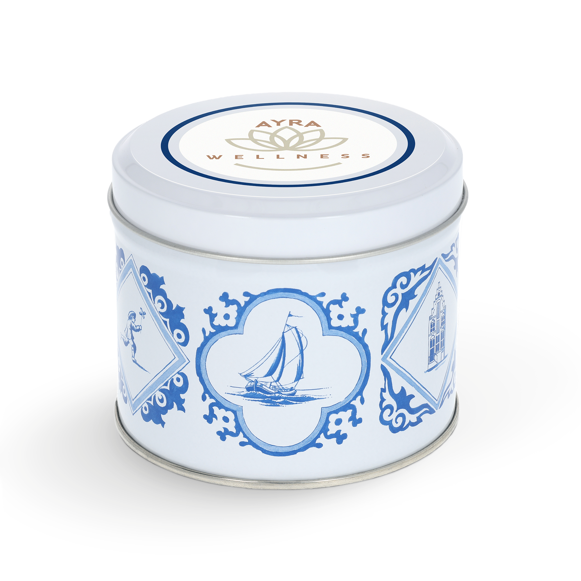 Személyre szabott Stroopwafel doboz nyomtatott fedéllel - Delft kék - 230 gramm - Daelmans logóval és grafikával testreszabva