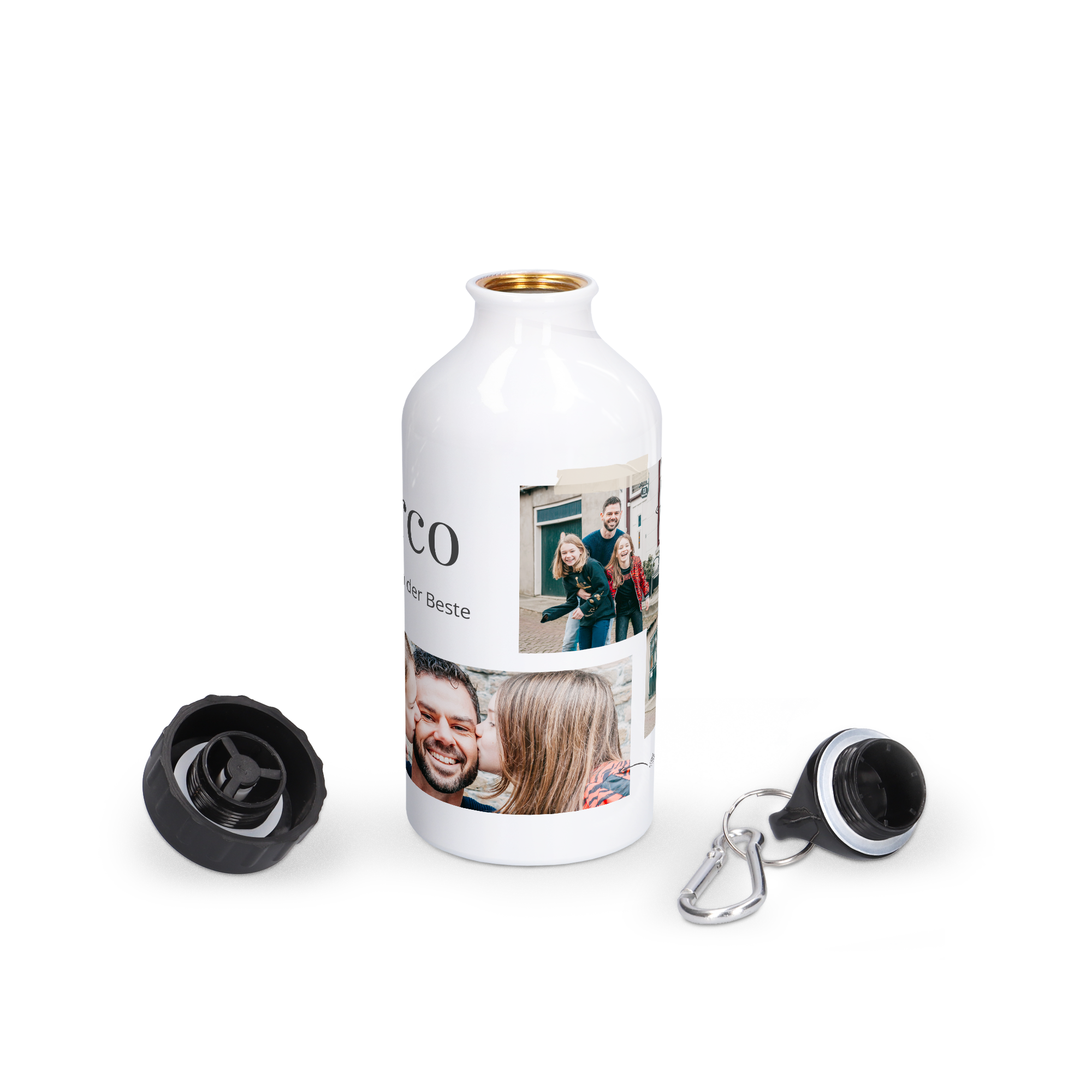 Weiße bedruckte Trinkflasche mit drei persönlichen Fotos, dem Text "Der Beste" und einem Karabinerhaken.
