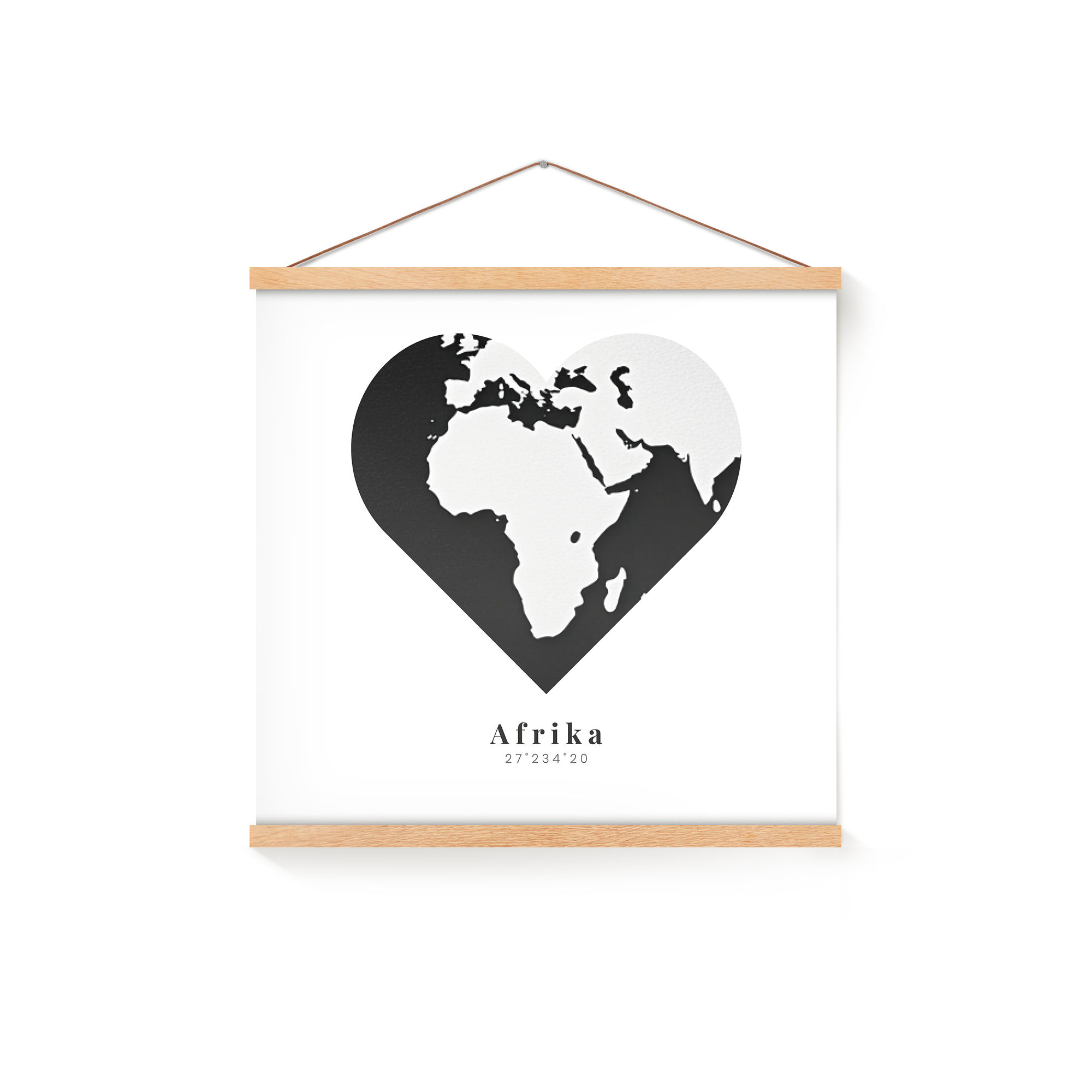 Poster da parete con design a cuore nero e mappa del mondo personalizzato con la parola Afrika e coordinate