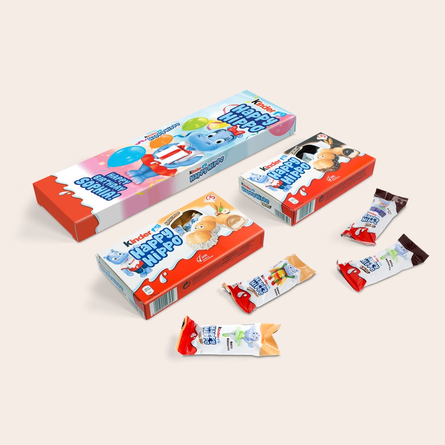 kinder Happy Hippo Geschenk Personalisiertes Kinder Happy Hippo Geschenk mit dem Namen Sophia, aufgedruckt auf der Verpackung.