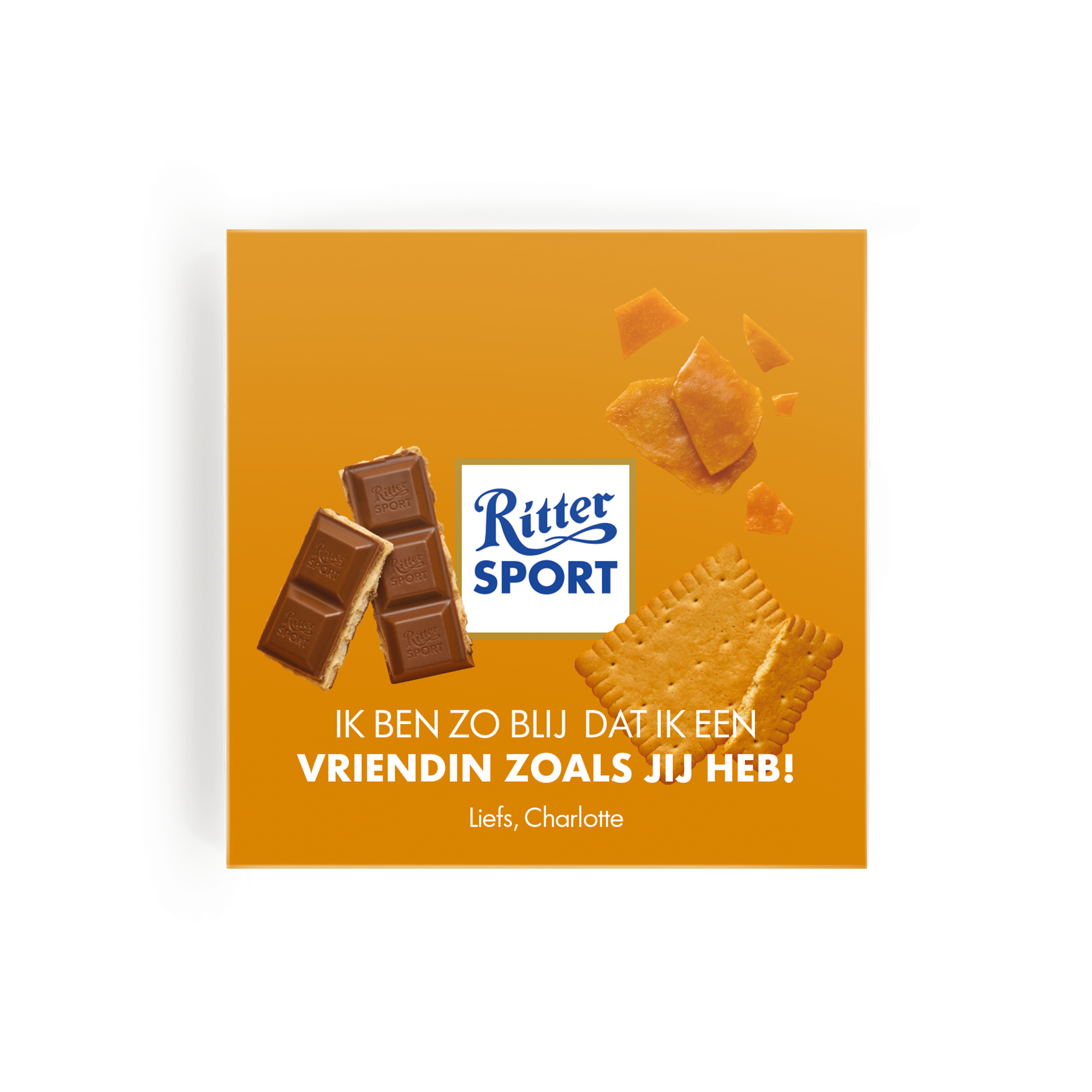 Gepersonaliseerde chocoladecadeau Ritter Sport met opdruk "Ik ben zo blij dat ik een vriendin zoals jij heb!" van Charlotte.