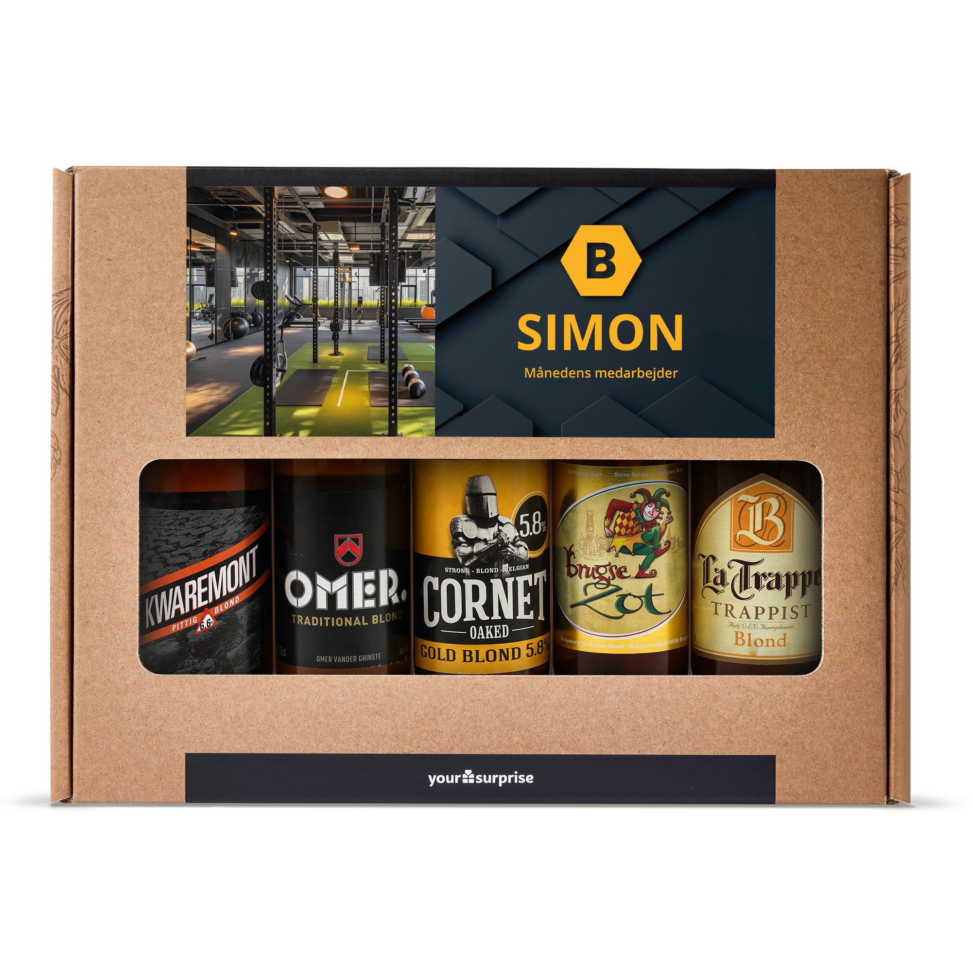 Personlig ølpakke - Blond med fem belgiske specialøl, printet med et billede og navnet Simon.