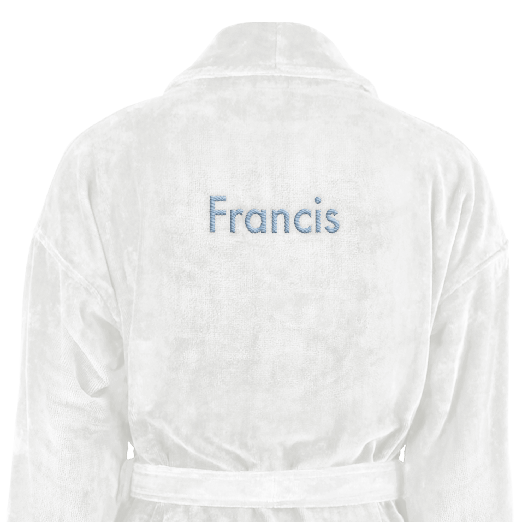 Peignoir blanc pour homme, personnalisé avec le prénom Francis brodé en bleu clair dans le dos.
