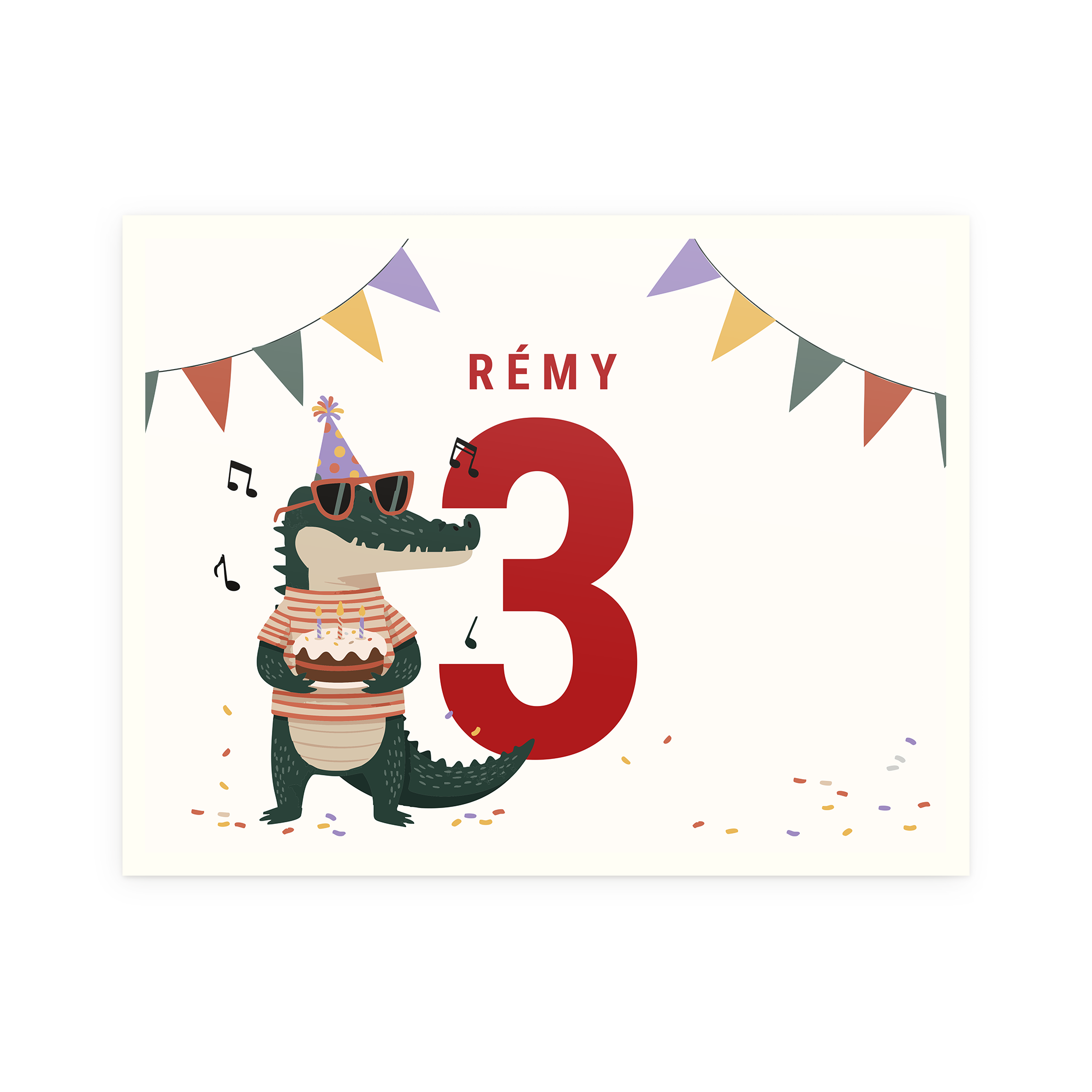 Carte anniversaire personnalisable Rémys 3 ans avec crocodile et gâteau imprimés