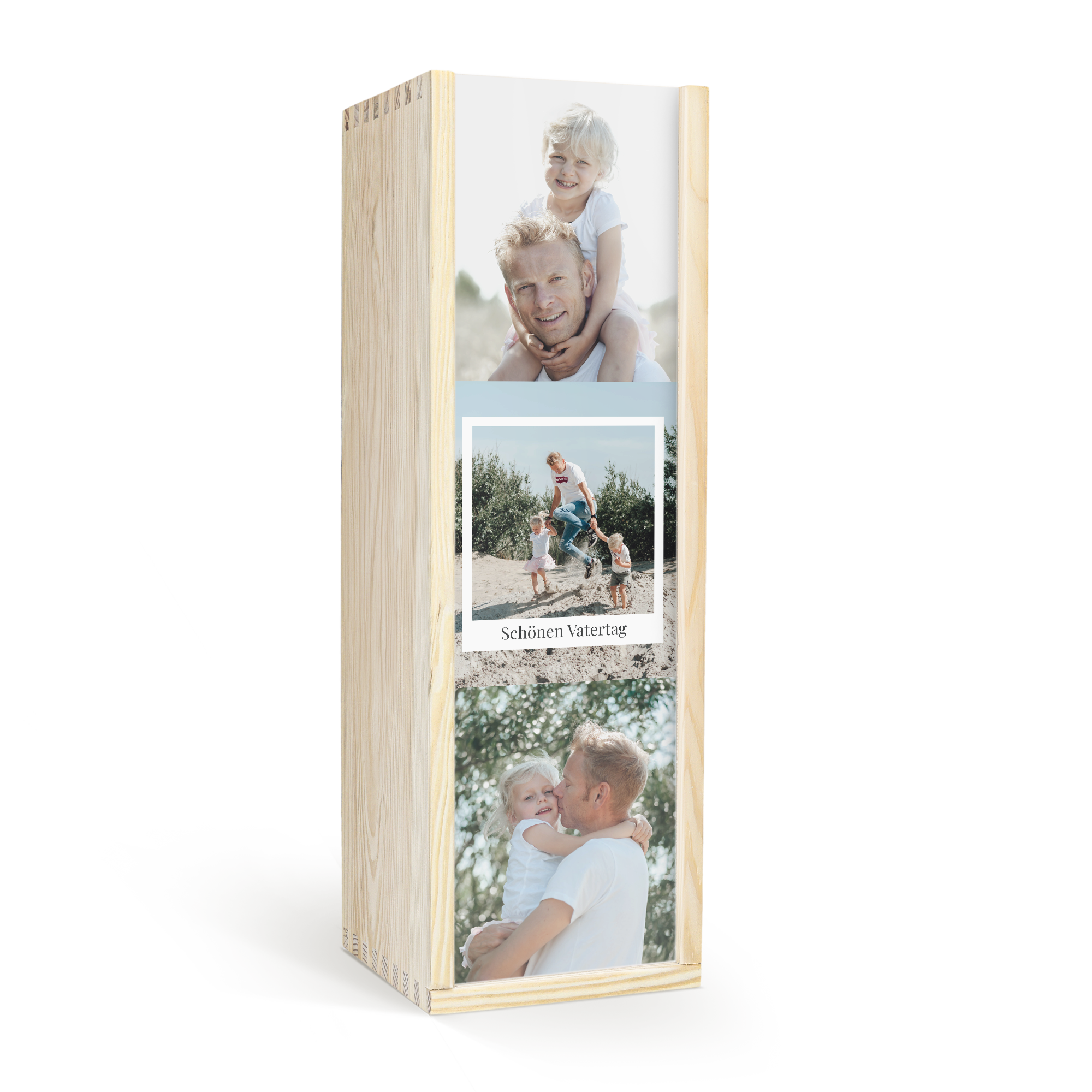 Personalisierte Holzkiste mit aufgedruckten Fotos und dem Text Schöner Vatertag, geeignet für eine Flasche Portwein.