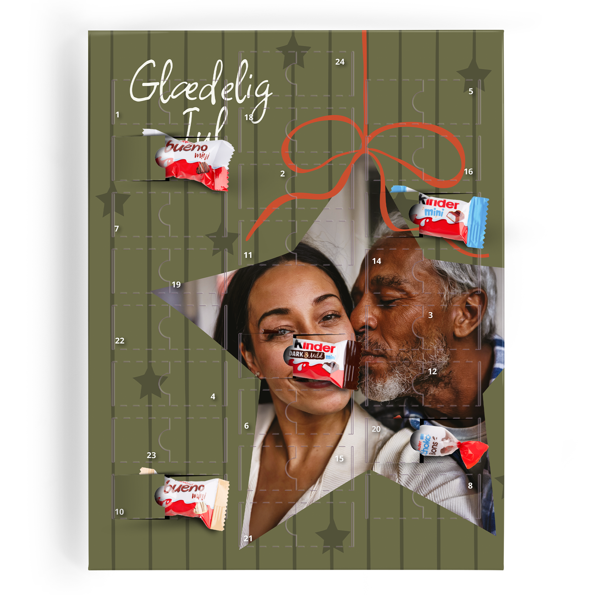 Personlig kinder chokolade nedtællingskalender med et elskende par trykt i midten og teksten 