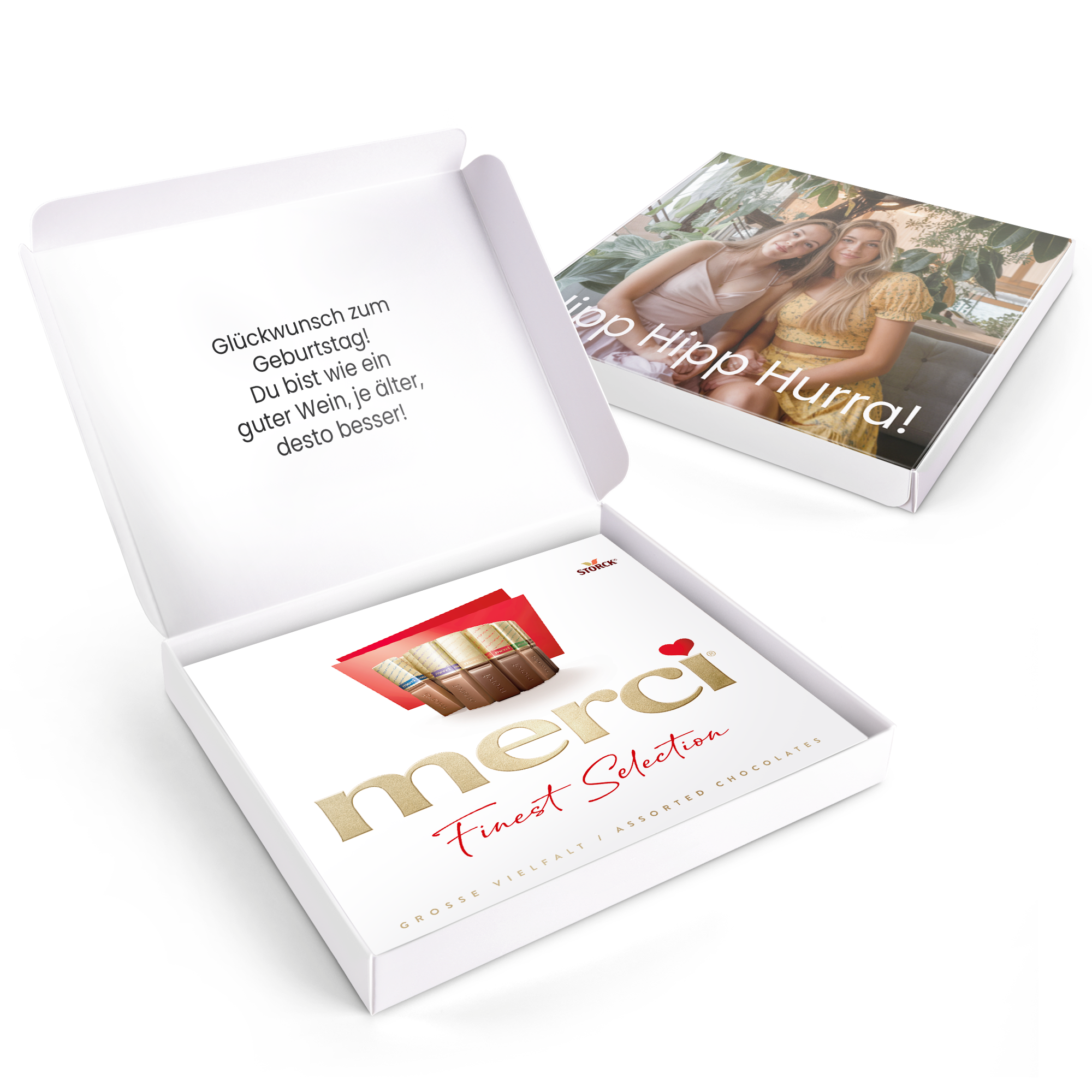 Merci Schokolade personalisieren – 250 Gramm Box mit Wunschtext und Foto bedruckt, ideal als Geburtstagsgeschenk.