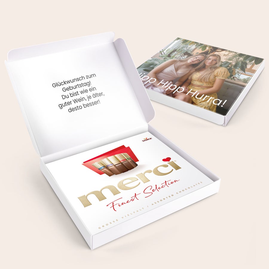 Merci Schokolade Personalisieren- 250 Gramm Merci Schokolade personalisieren – 250 Gramm Box mit Wunschtext und Foto bedruckt, ideal als Geburtstagsgeschenk.