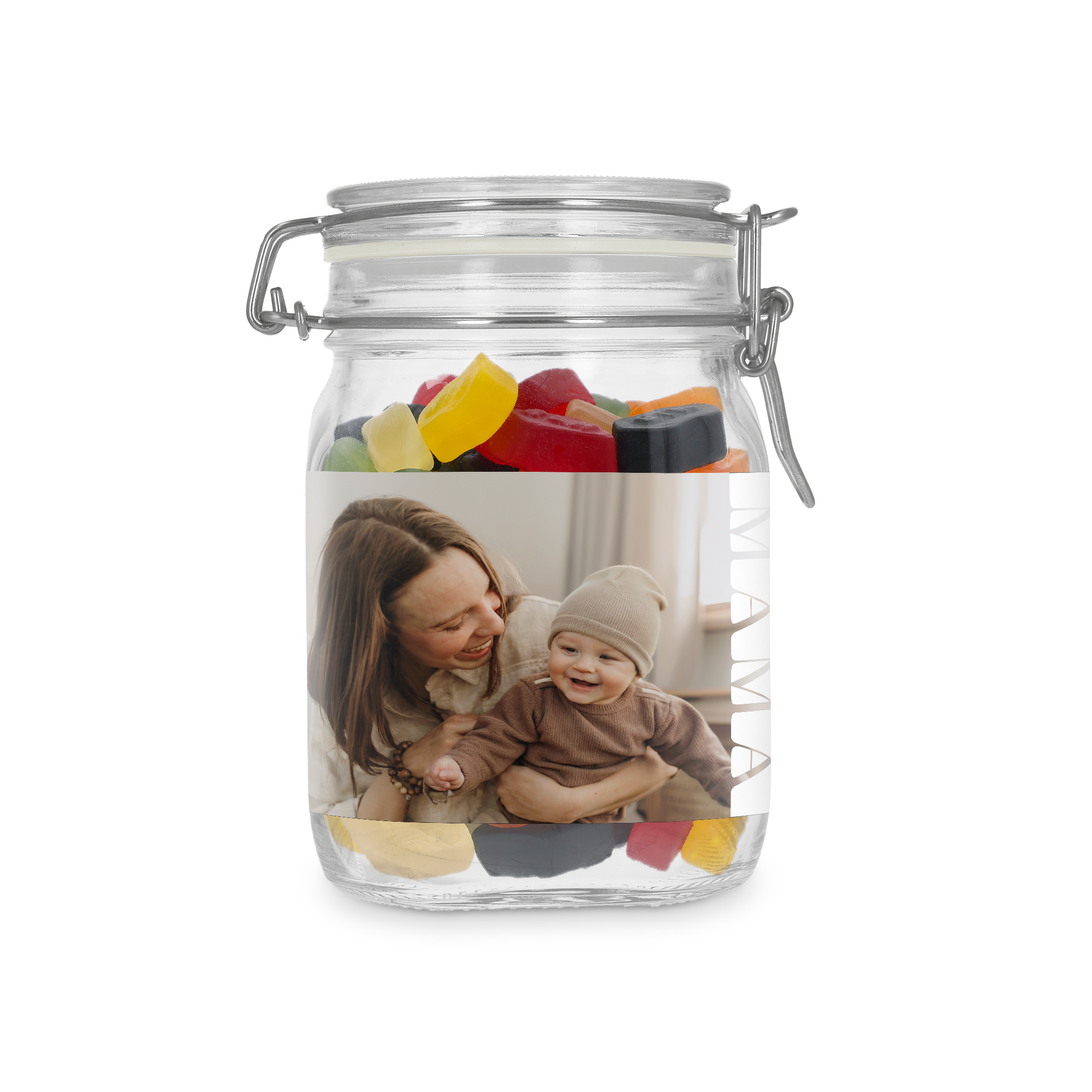 Bedrukte snoeppot met winegums, gepersonaliseerd met een foto van een moeder en kind en de naam "MAMMA" erop geprint.