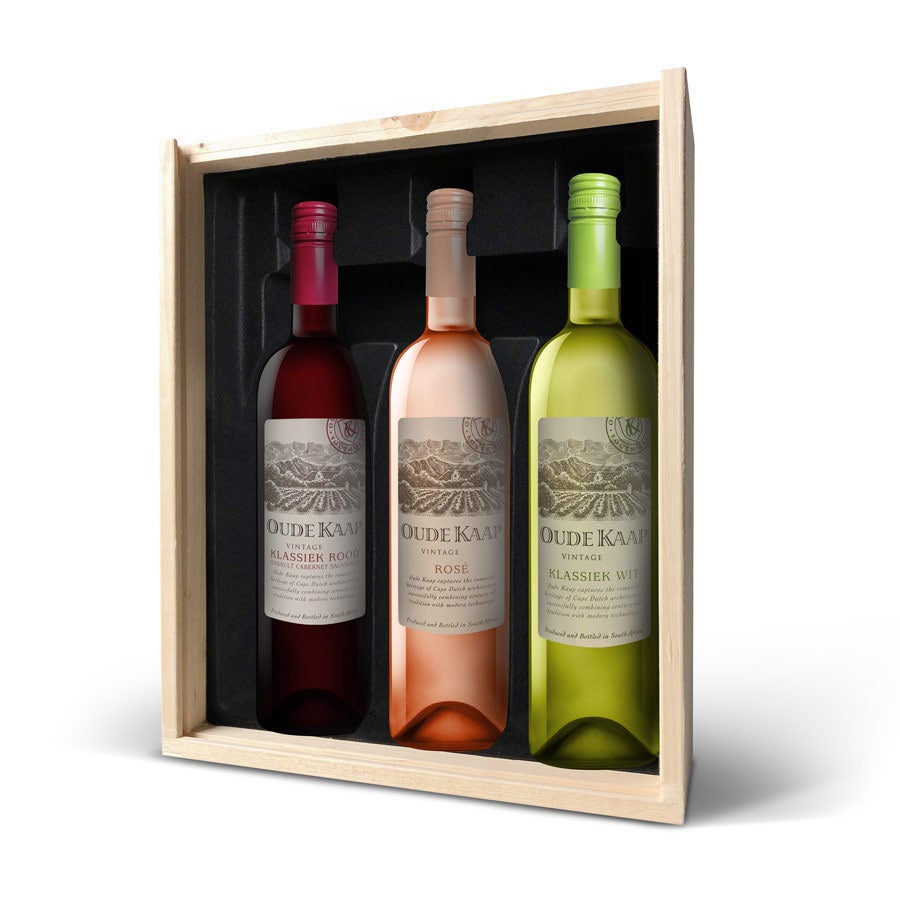 Pacote de vinho Old Cape em caixa de madeira personalizada com gravação a laser