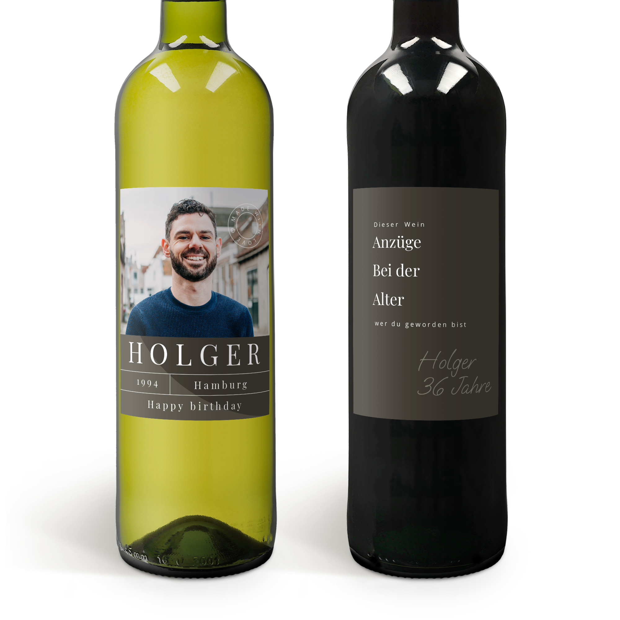 Weinpaket Maison de la Surprise mit personalisiertem Sauvignon Blanc und Merlot Wein mit eigenem Etikett bedruckt mit Foto und Text