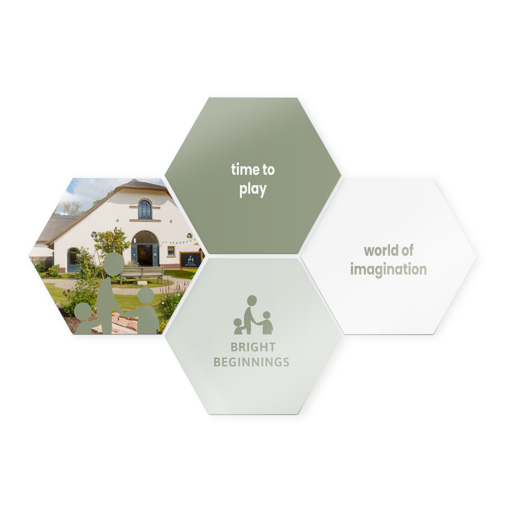 Hexagonal wooden wall art panels with a custom printed photo and various text elements to decorate your wall