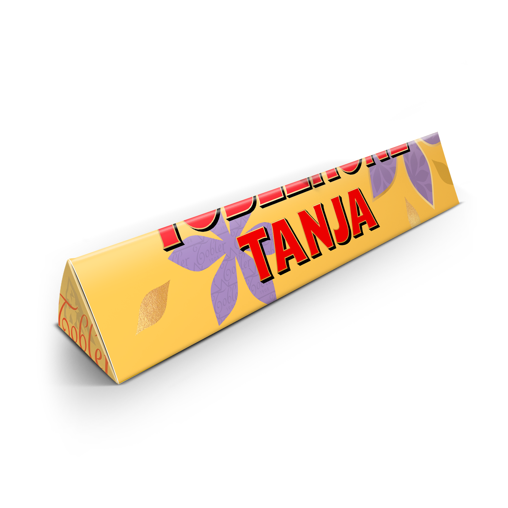 Personlig Toblerone-chokoladebar med navnet TANJA printet på indpakningen og lilla blomster. Overrask din mor med en unik gave.