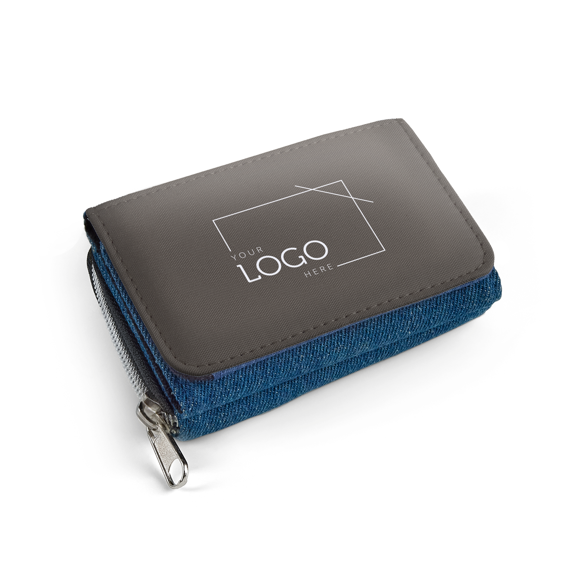 Pequena bolsa de tecido azul com um fecho, personalizável com imagem ou texto impresso.