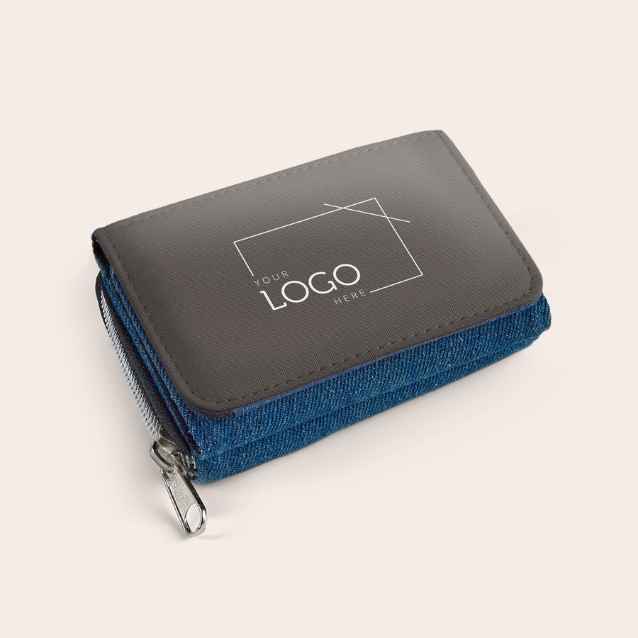 Carteira Pequena bolsa de tecido azul com um fecho, personalizável com imagem ou texto impresso.