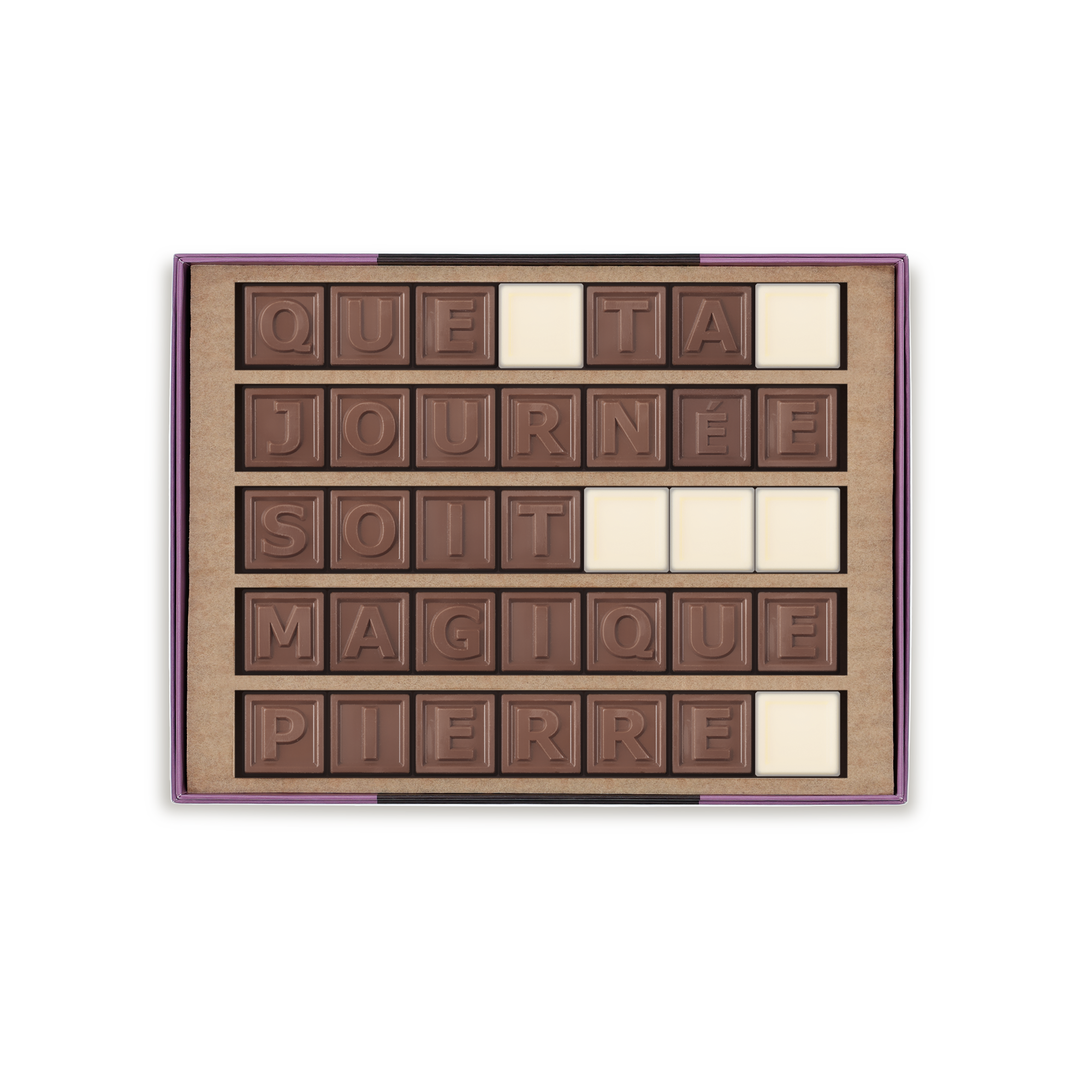 Votre télégramme chocolaté personnel « QUE TA JOURNÉE SOIT MAGIQUE PIERRE » en chocolat au lait et blanc