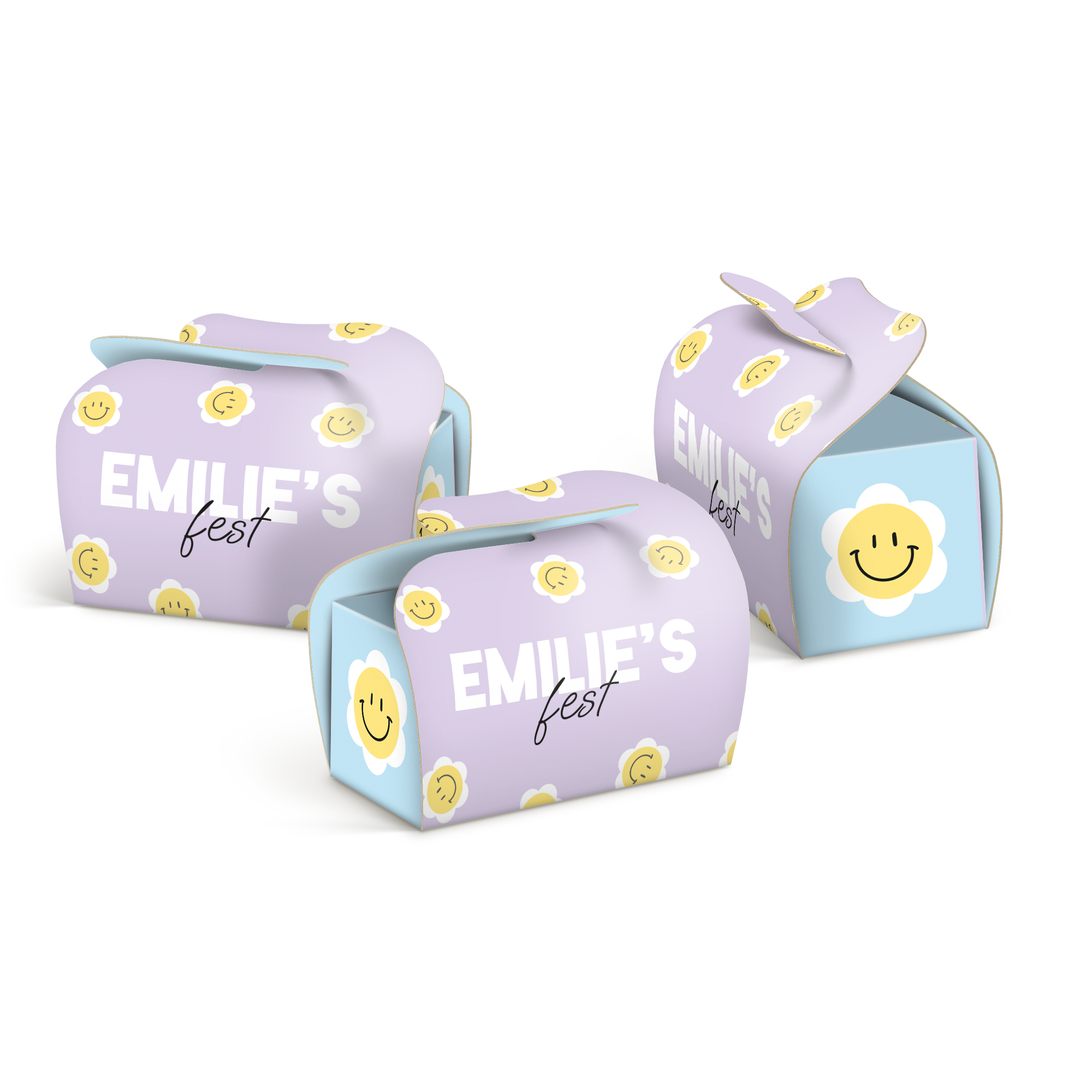Tre lilla Milka gaveæsker med smilende blomsterprint og teksten "Emilies fest". Design dine egne søde gaveæsker med Milka Mini Mix indeni.