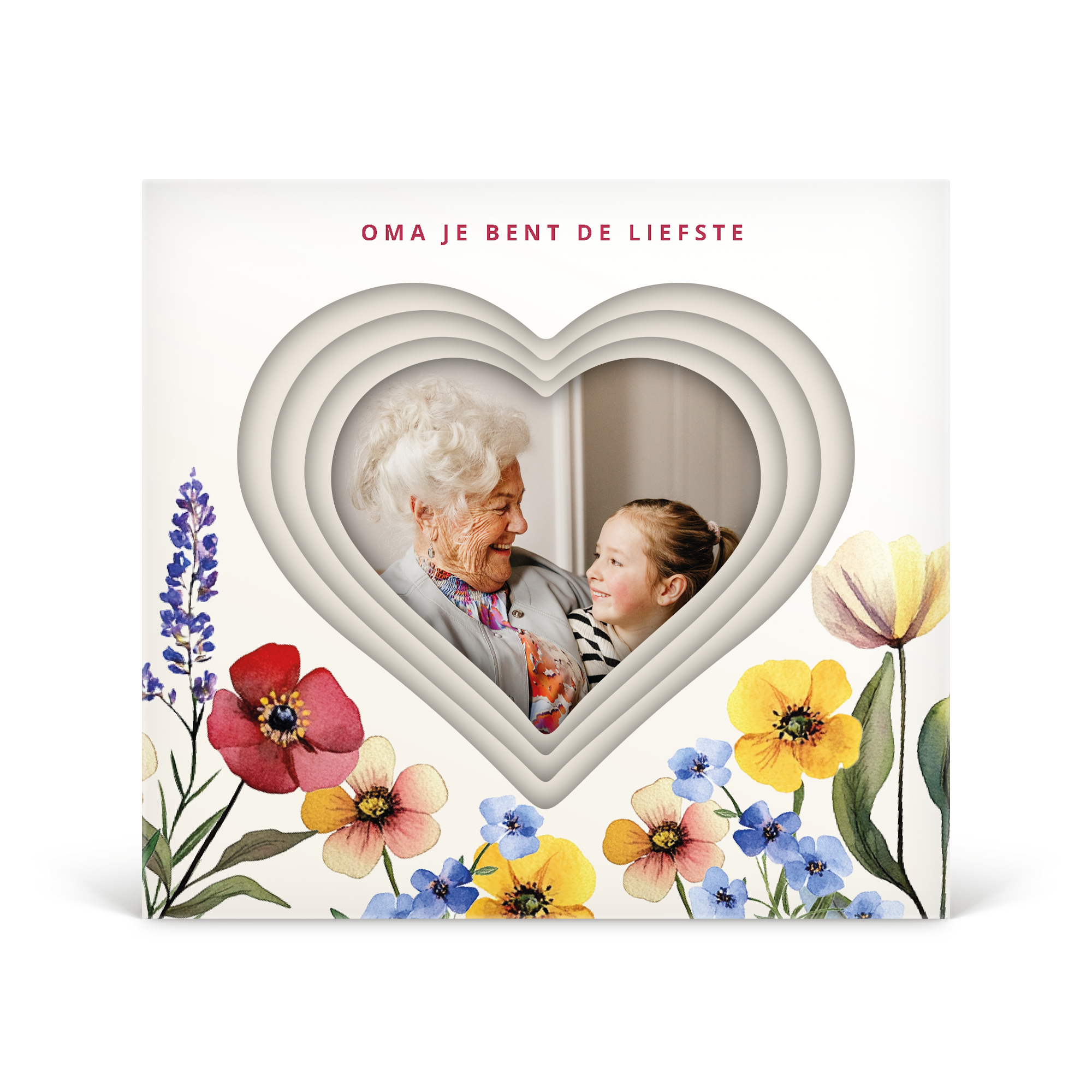 Ontwerp je eigen Milka Harten 3D doos met foto van oma en kind, tekst 'OMA JE BENT DE LIEFSTE', en bloemprint