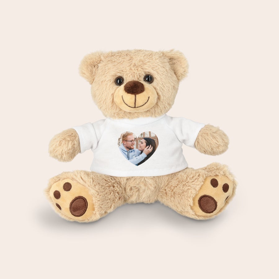 Personalizat ursuleț de jucărie de pluș personalizat Ursuleț de pluș personalizat cu fotografie imprimată pe tricou alb, un cadou adorabil.