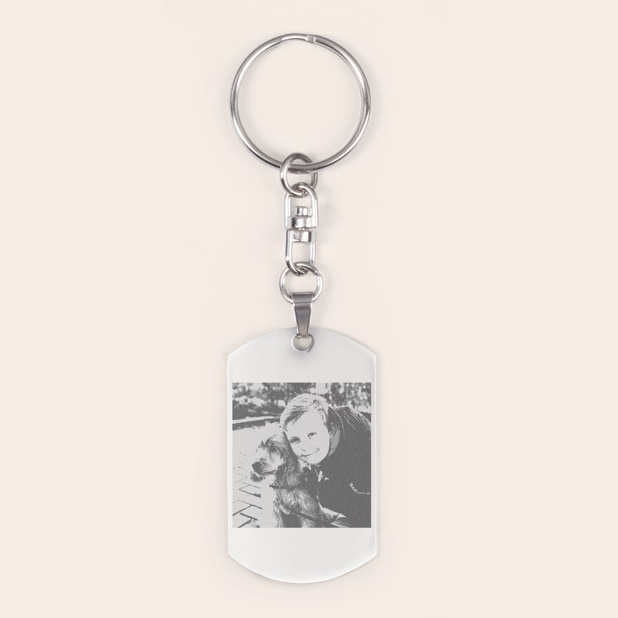Engraved keyring Metal dog tag keyring engraved with a custom photo of a boy and a dog