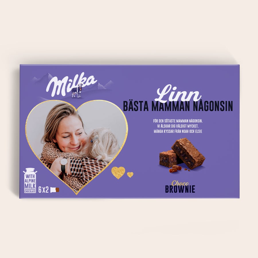 Milka Brownies Milka Choco Brownie presentask, överraska med ett tryckt foto, namnet "Linn" och personligt meddelande