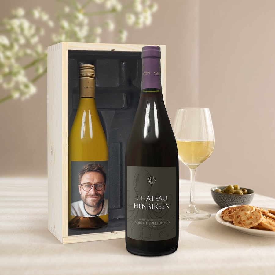 Vin gavesæt med personlig etikette og trækasse - Salentein Pinot Noir & Chardonnay Vin gavesæt med personlig etikette og trækasse - Salentein Pinot Noir & Chardonnay