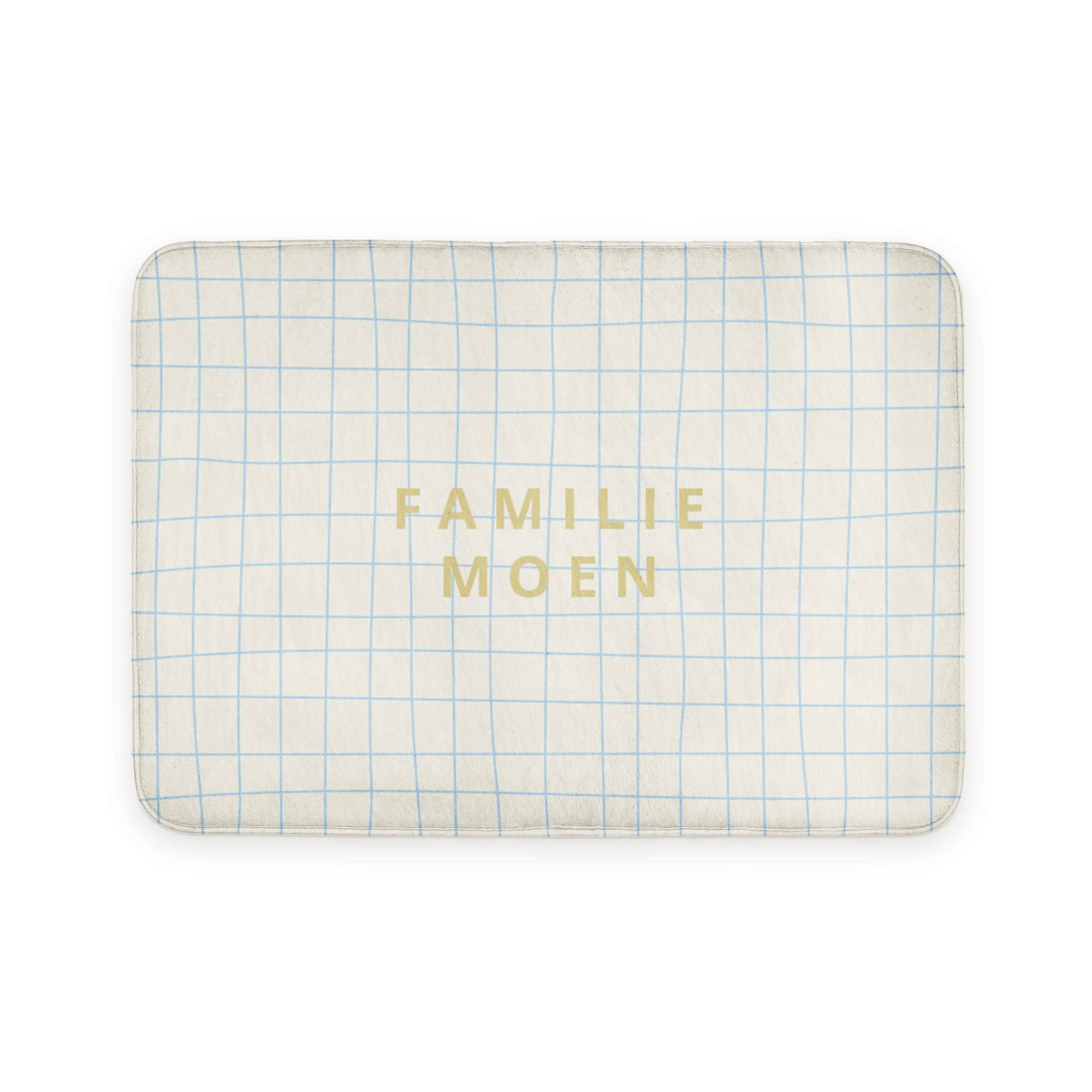 Personlig badematte med blått rutemønster og navnet Familie Moen trykt med gullskrift