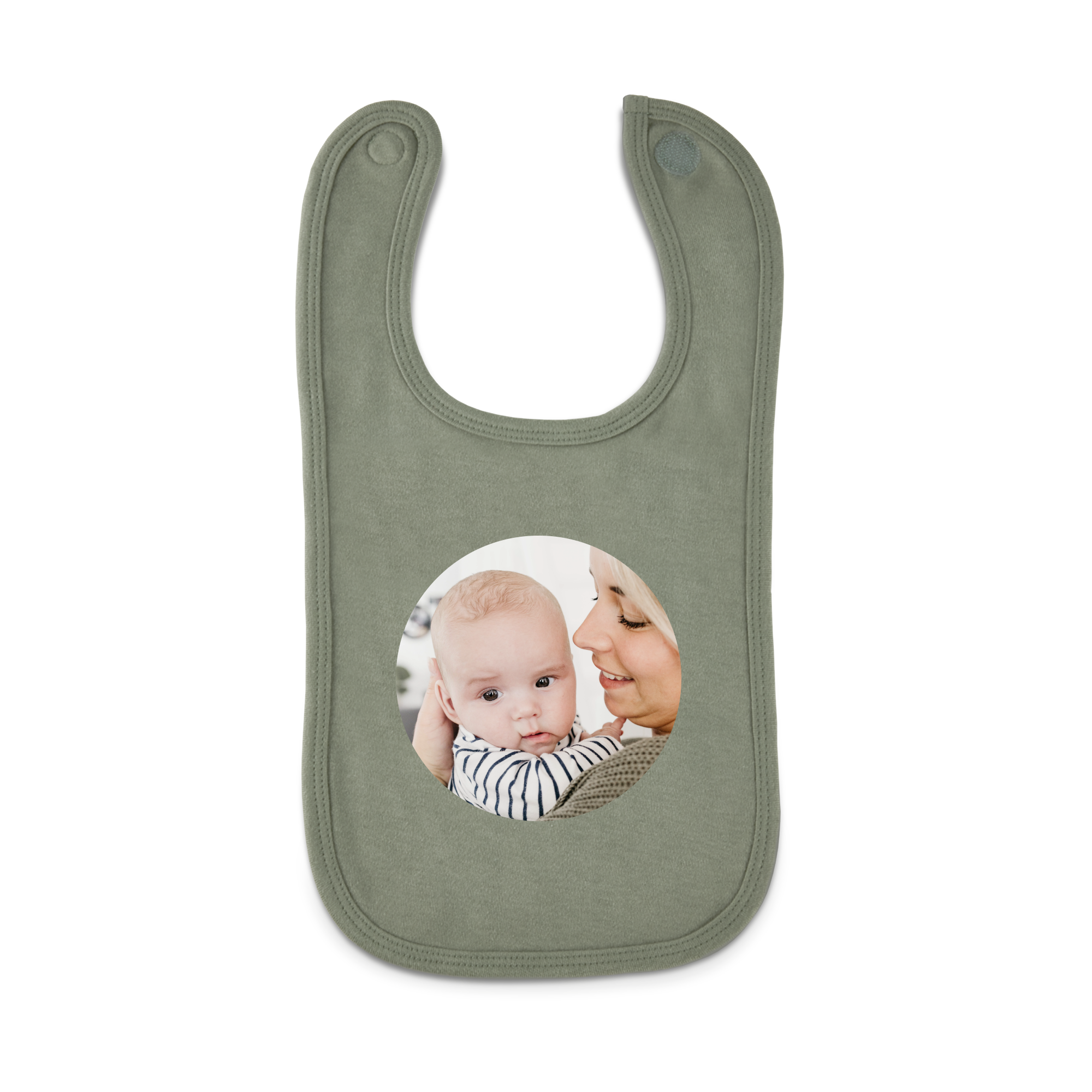Olivgrünes personalisiertes Lätzchen aus Baumwolle, bedruckt mit einem Foto von Mutter und Baby