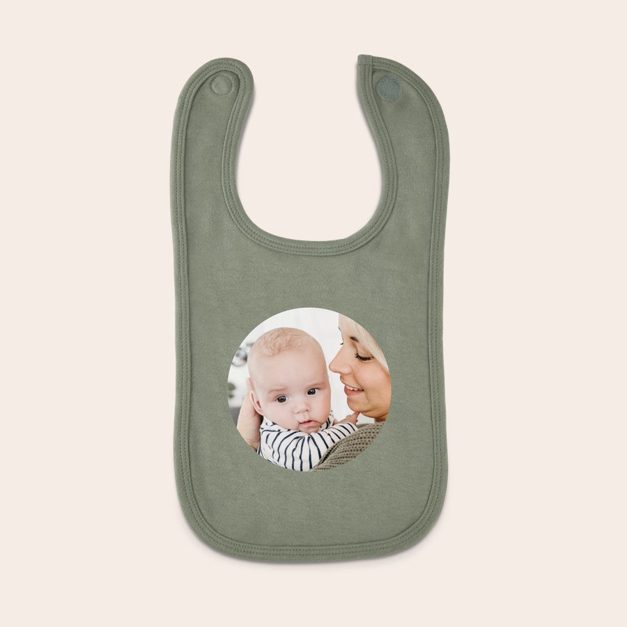 Lätzchen bedrucken Olivgrünes personalisiertes Lätzchen aus Baumwolle, bedruckt mit einem Foto von Mutter und Baby