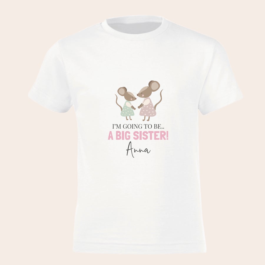 Personalizované tričko - Veľký brat / sestra Biele tričko s potlačou dvoch myší a textom I'M GOING TO BE A BIG SISTER! s menom Anna ideálne na oznámenie druhého tehotenstva