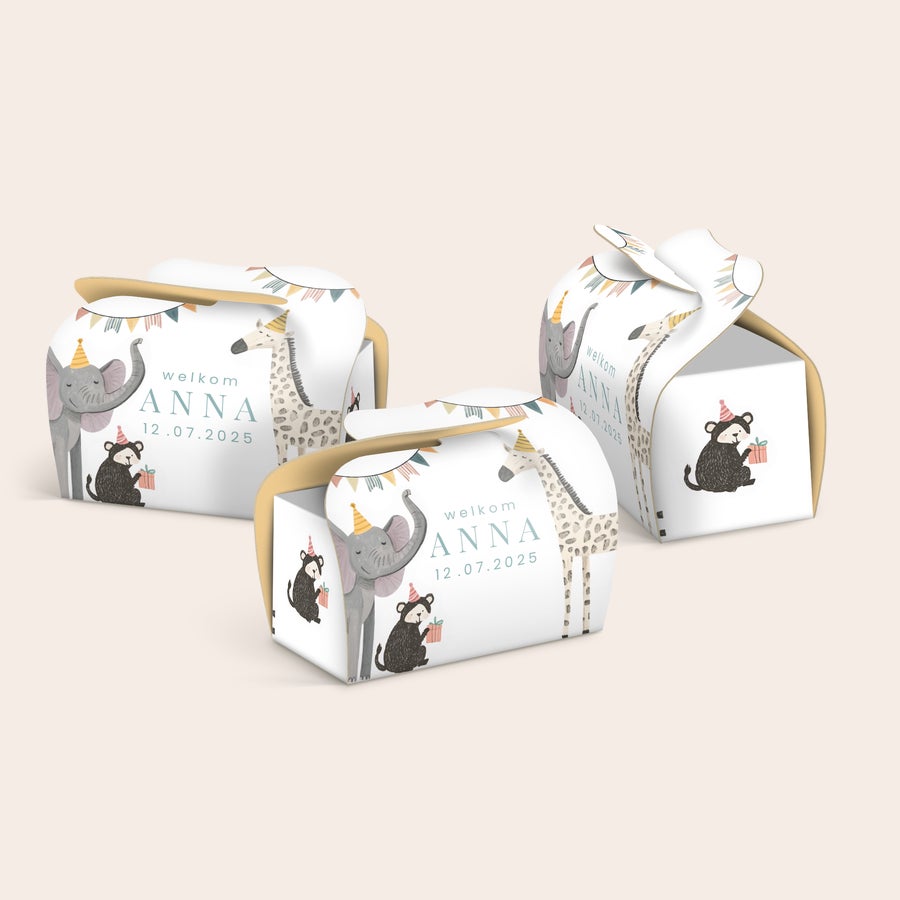 Toblerone mini traktatie personaliseren Gepersonaliseerde Toblerone mini doosjes met dierenprint, 'welkom ANNA' en datum 12.07.2025 om mooie momenten te creëren.