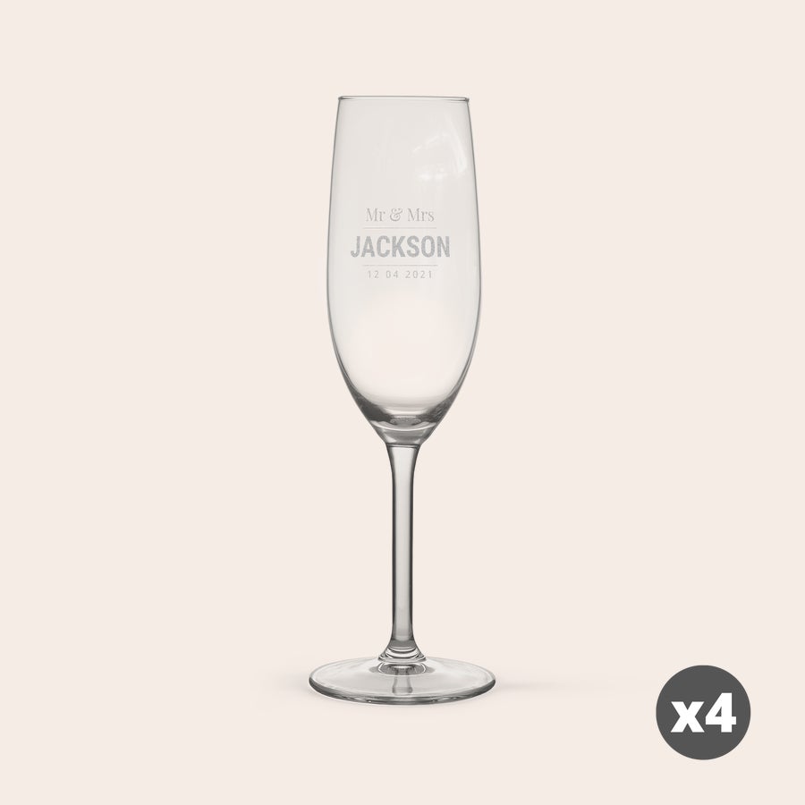 Glass - Champagne Taça de champanhe transparente com personalização gravada Mr & Mrs Jackson e data 12 04 2021, ideal para surpreender alguém