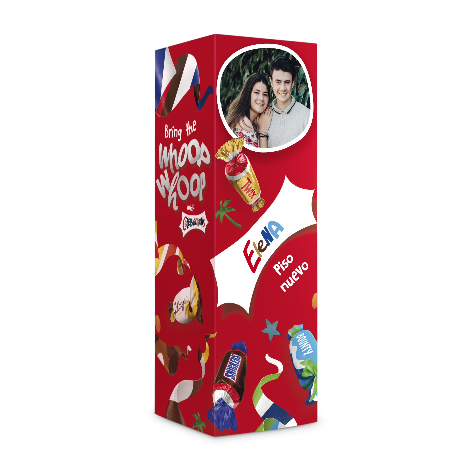Botella de chocolates Celebrations personalizada con foto de pareja, el nombre 