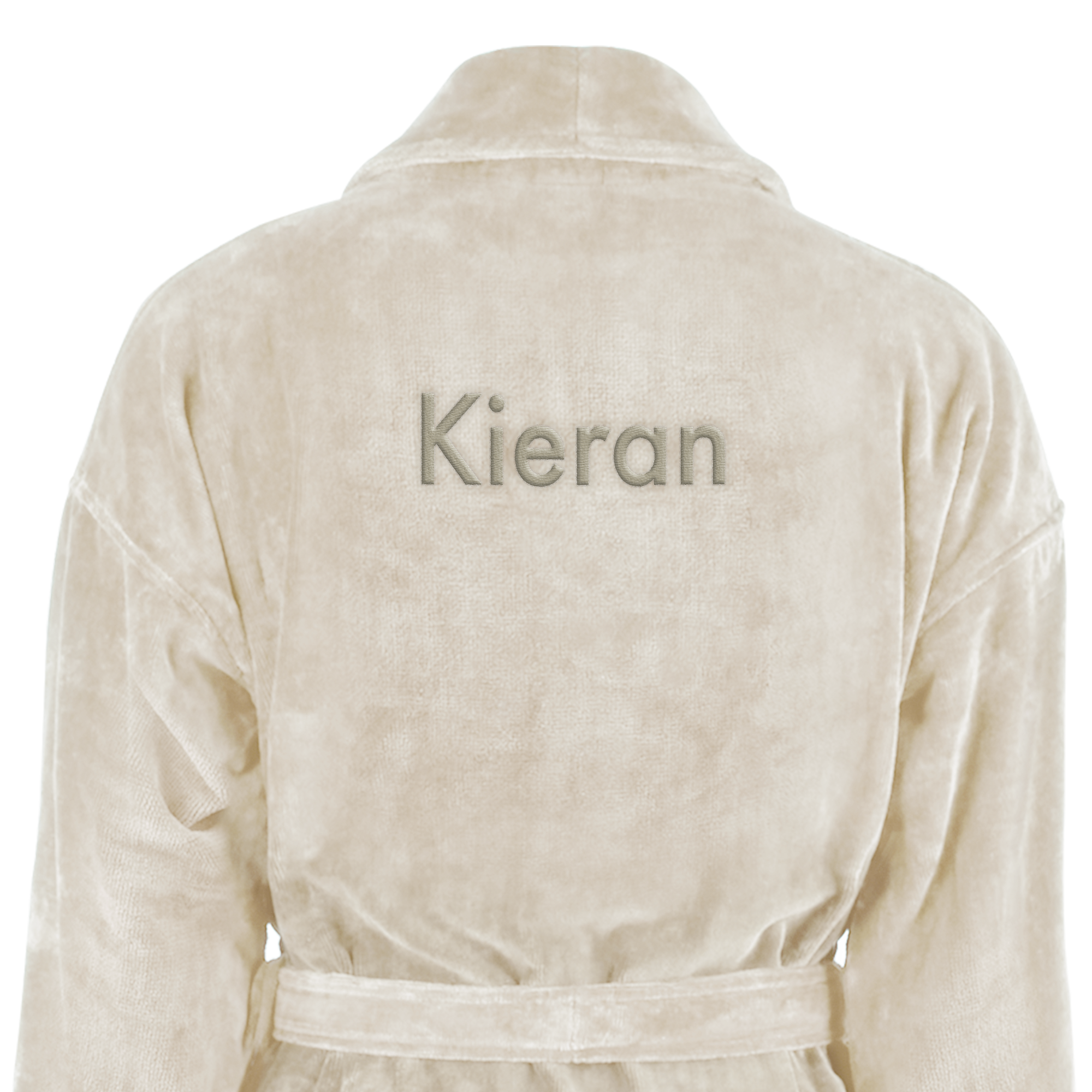 Luxurious personalised bathrobe in beige with Kieran embroidered on the back
