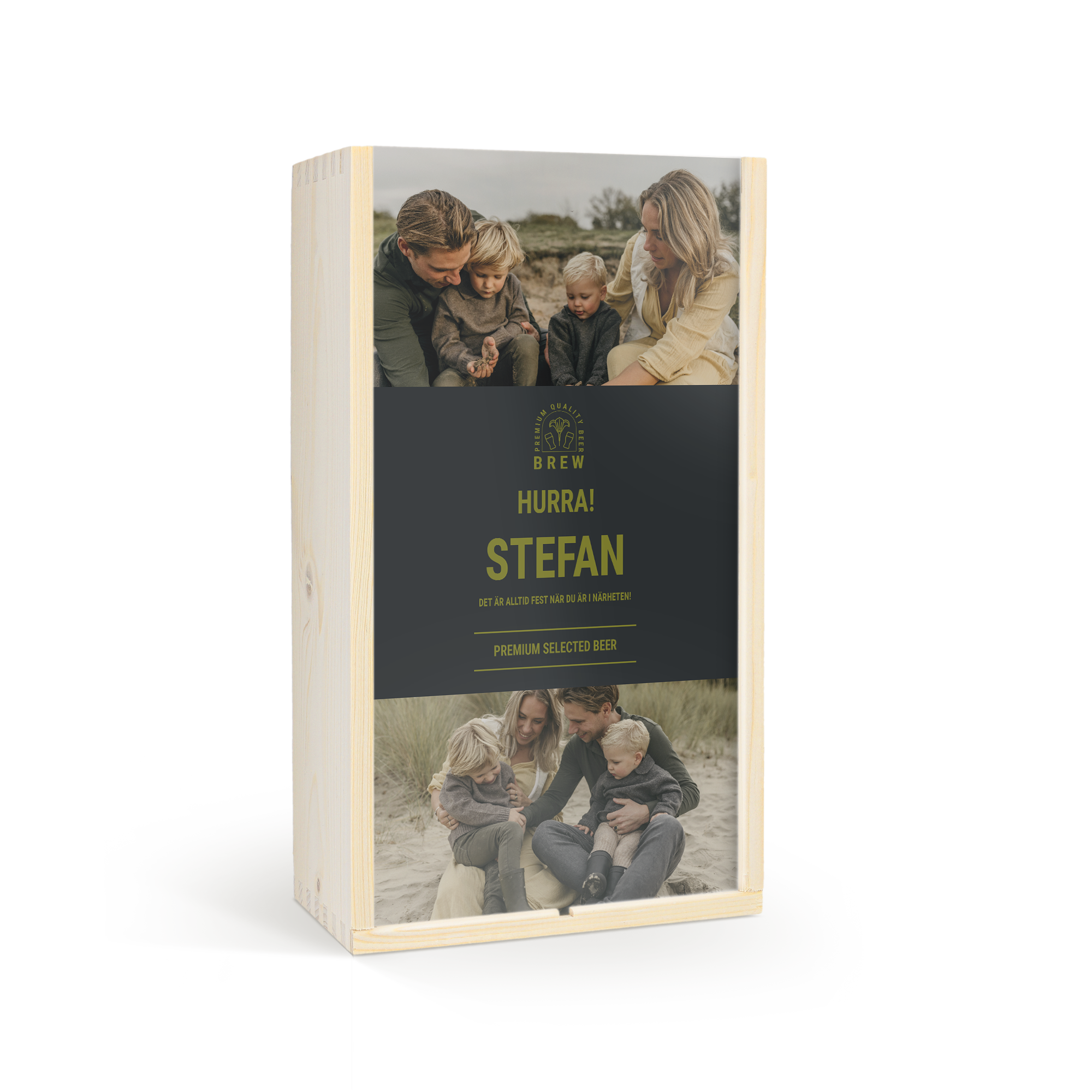 Trälåda med tryckta foton och texten "STEFAN" på locket, en personlig present till pappa.
