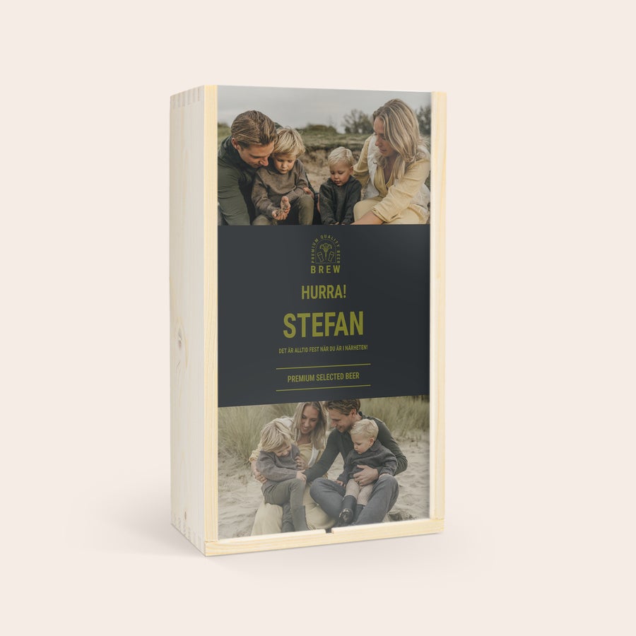 Personligt Öl-set i trälåda på Fars dag - Westmalle Trälåda med tryckta foton och texten "STEFAN" på locket, en personlig present till pappa.