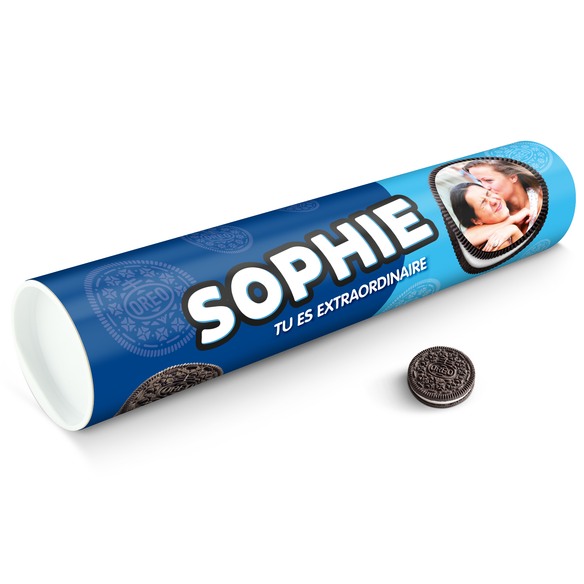 Rouleau cadeau Oreo XXL bleu personnalisé avec photo et le prénom Sophie imprimés, un biscuit Oreo sur le côté pour les amateurs de biscuits