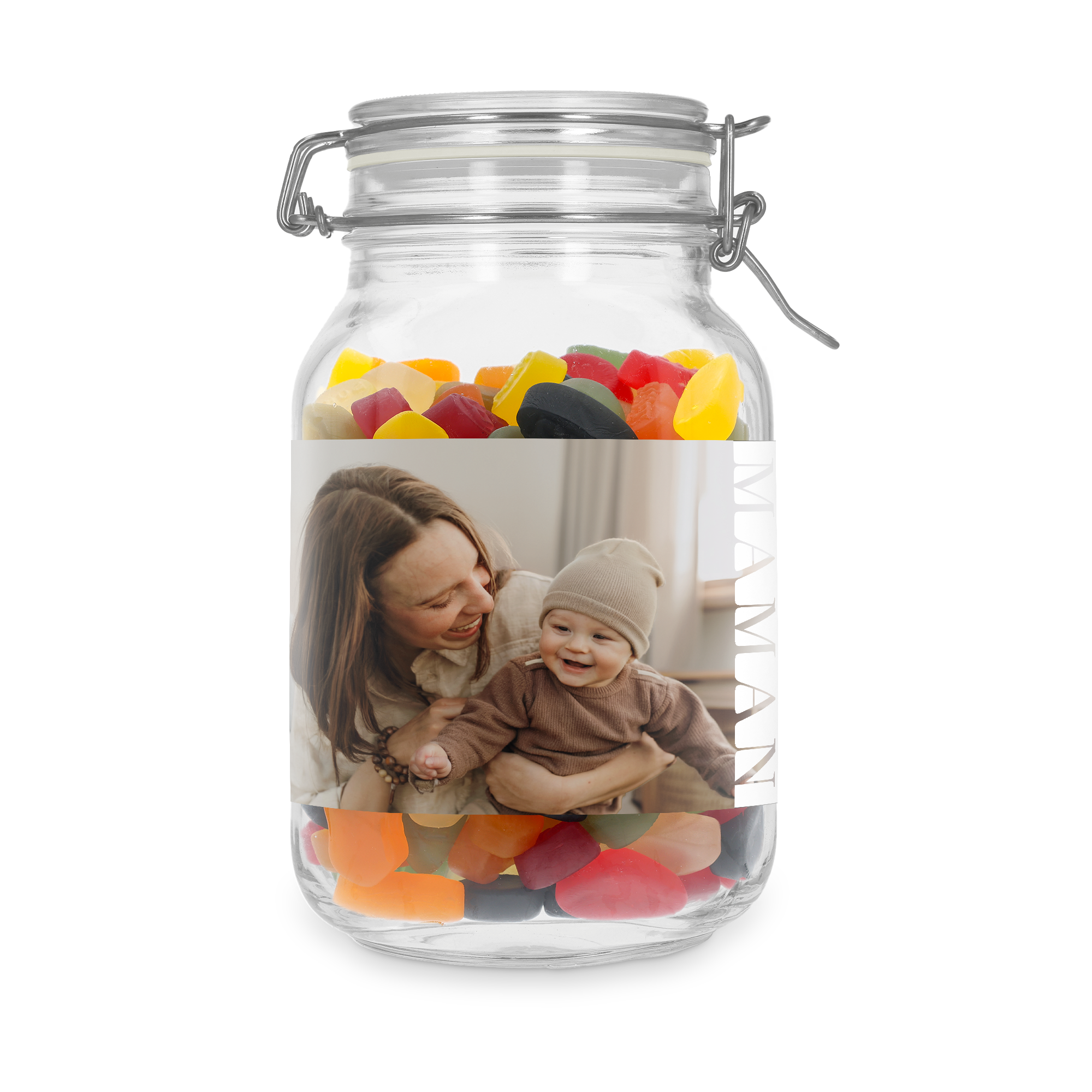 Bocal à bonbons personnalisé avec photo d'une maman et son bébé, rempli de winegums, texte MAMAN.