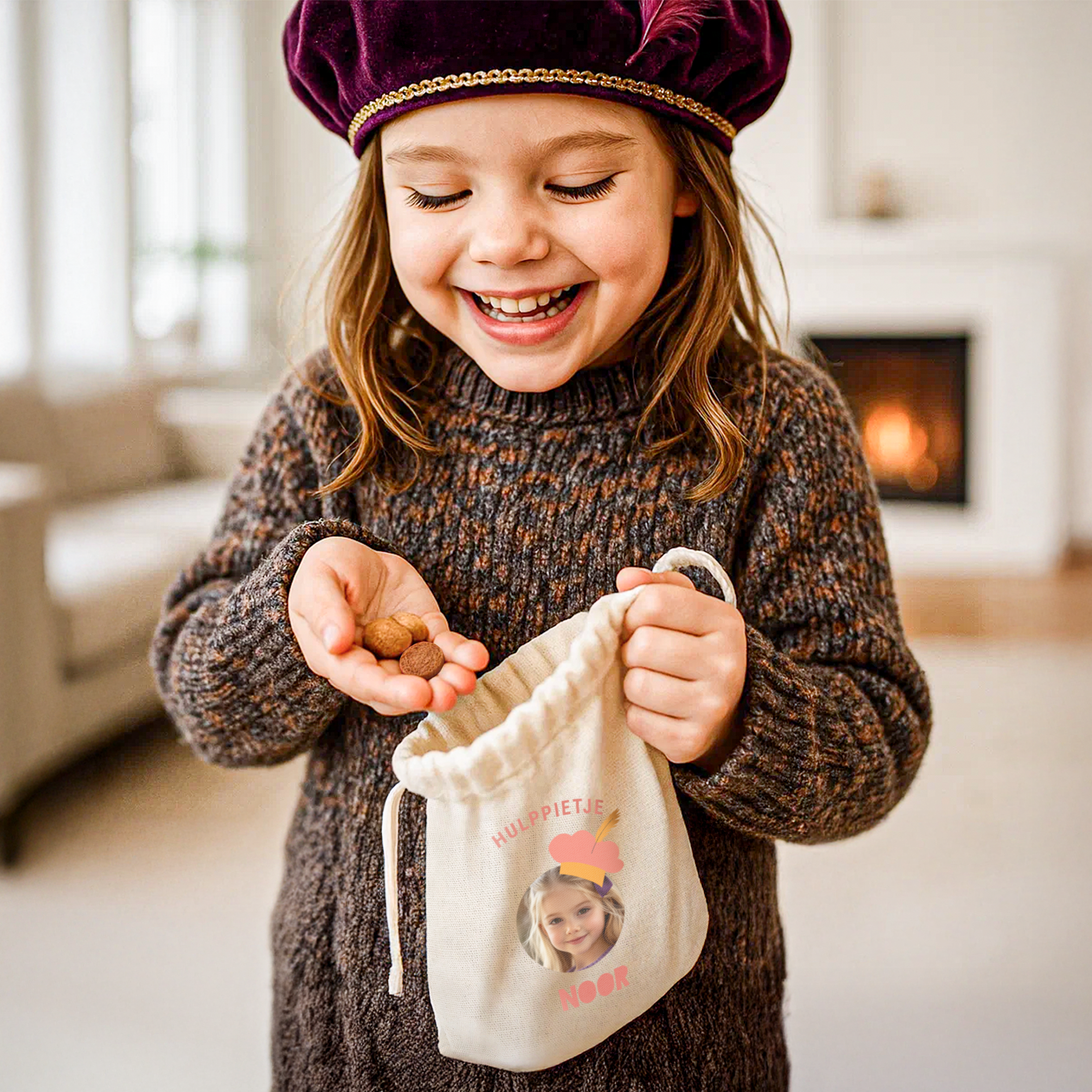 Meisje met gepersonaliseerd katoenen zakje HULPPIETJE bedrukt met foto en naam NOOR voor Sinterklaas.